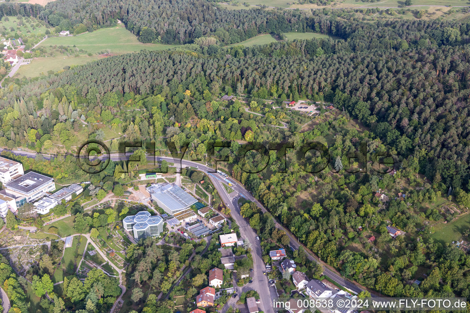 Luftaufnahme von Terrassen- förmigen Parkanlage des Botanischen Garten, Tropicarium und Arboretum der Universität Tübingen in Tübingen im Bundesland Baden-Württemberg, Deutschland