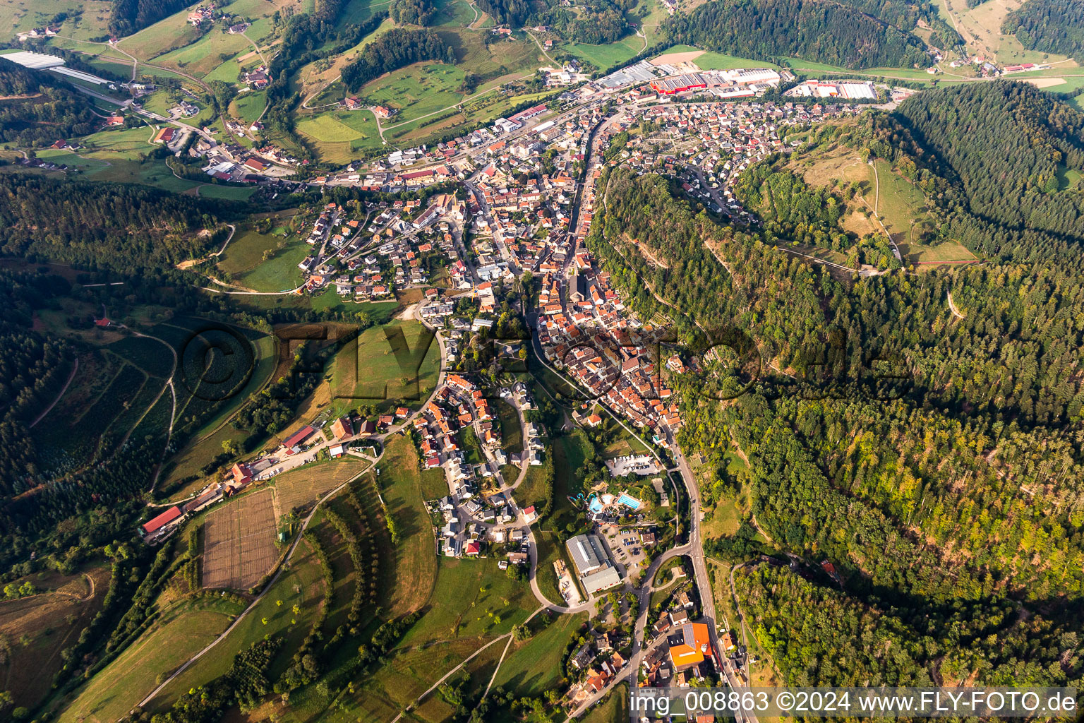Luftbild von Ortsansicht der Straßen und Häuser der Wohngebiete in Oppenau im Bundesland Baden-Württemberg, Deutschland