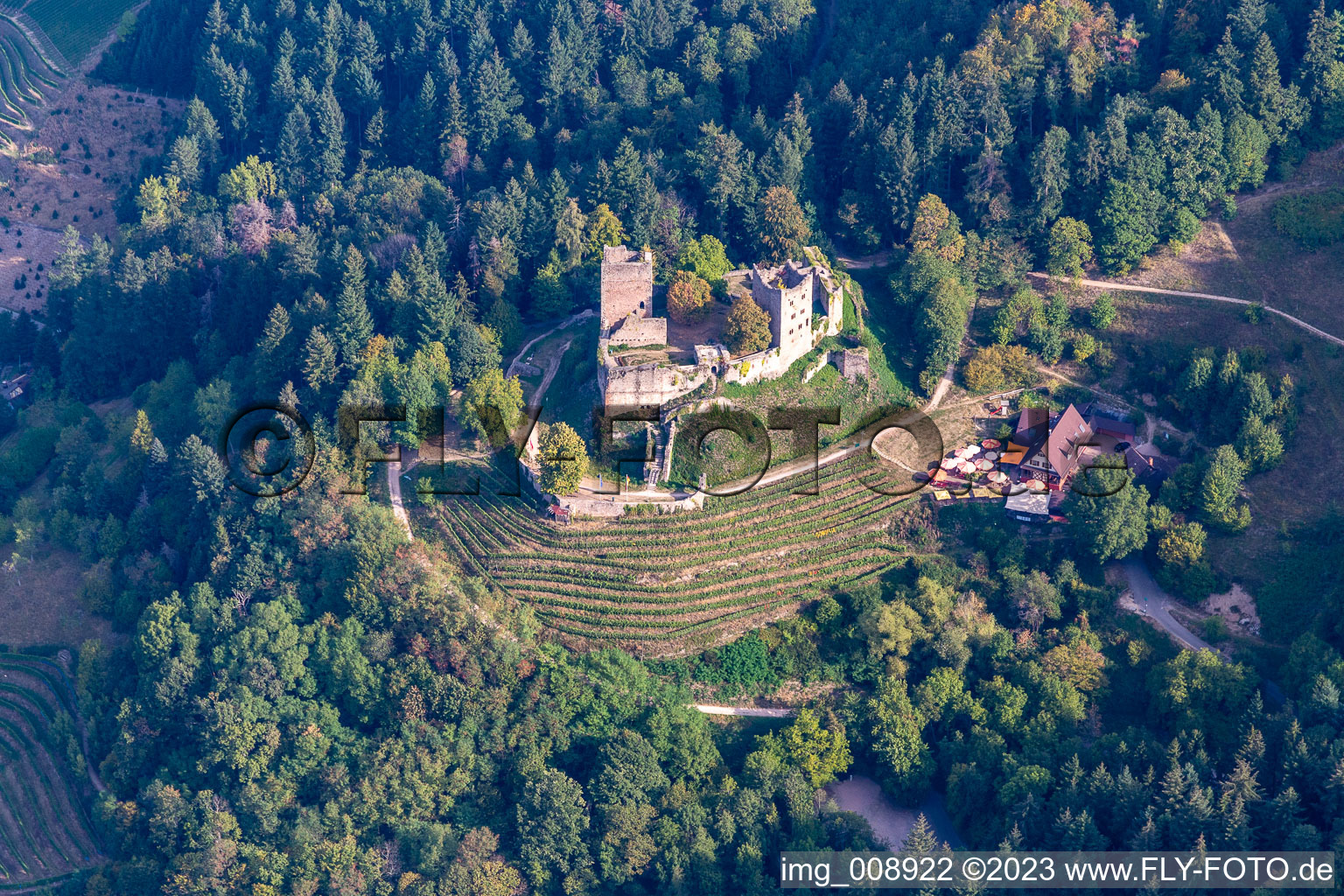 Luftbild von Ruine und Mauerreste der ehemaligen Burganlage Schauenburg in Oberkirch im Ortsteil Wolfhag im Bundesland Baden-Württemberg, Deutschland