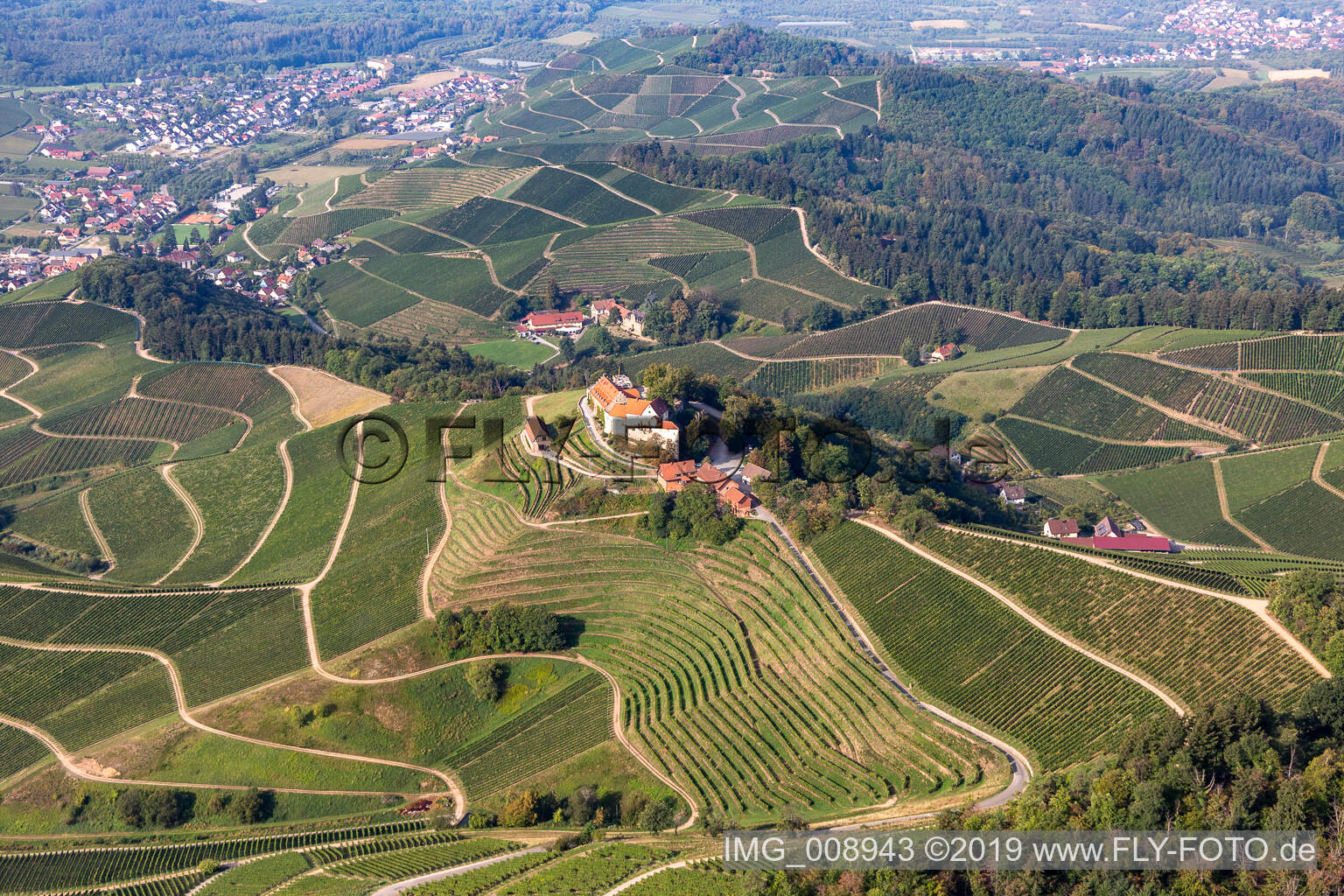 Luftaufnahme von Weingut Markgraf von Baden im Schloss Staufenberg in Durbach im Bundesland Baden-Württemberg, Deutschland