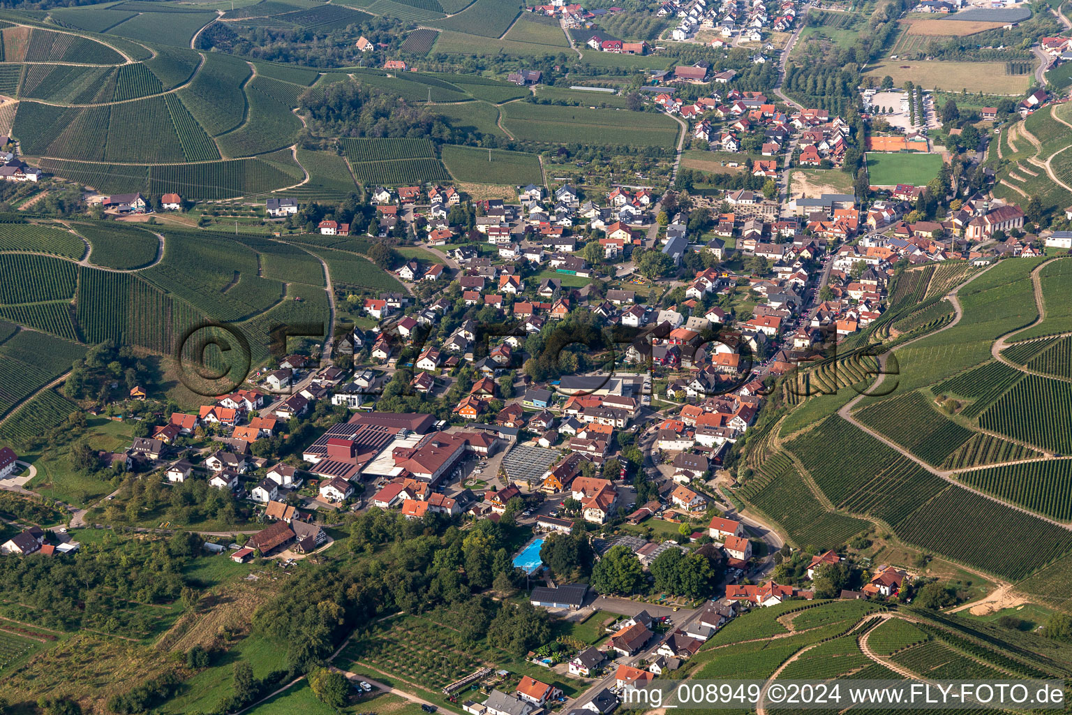 Felder einer Weinbergs- Landschaft der Winzer- Gebiete in Durbach Dorfkern im Bundesland Baden-Württemberg, Deutschland