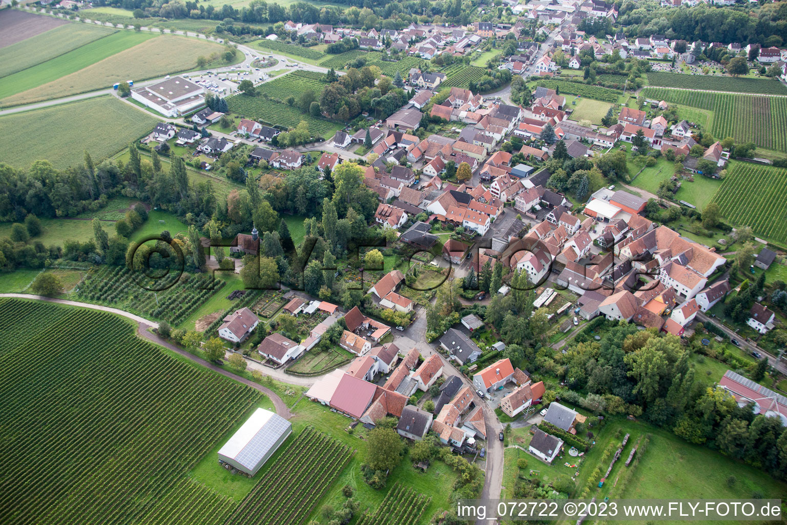 Schrägluftbild von Ortsteil Appenhofen in Billigheim-Ingenheim im Bundesland Rheinland-Pfalz, Deutschland