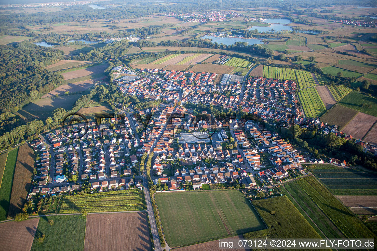 Dorf - Ansicht am Rande von landwirtschaftlichen Feldern und Nutzflächen in Kuhardt im Bundesland Rheinland-Pfalz, Deutschland