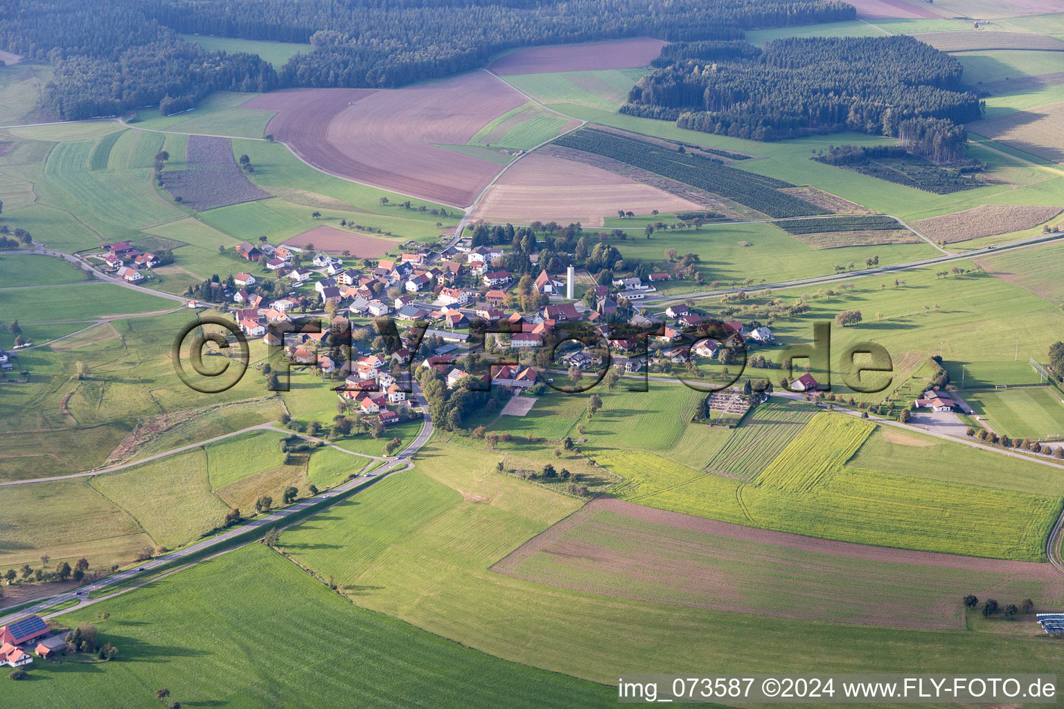 Dorf - Ansicht am Rande von landwirtschaftlichen Feldern und Nutzflächen im Ortsteil Scheidental in Mudau im Bundesland Baden-Württemberg, Deutschland