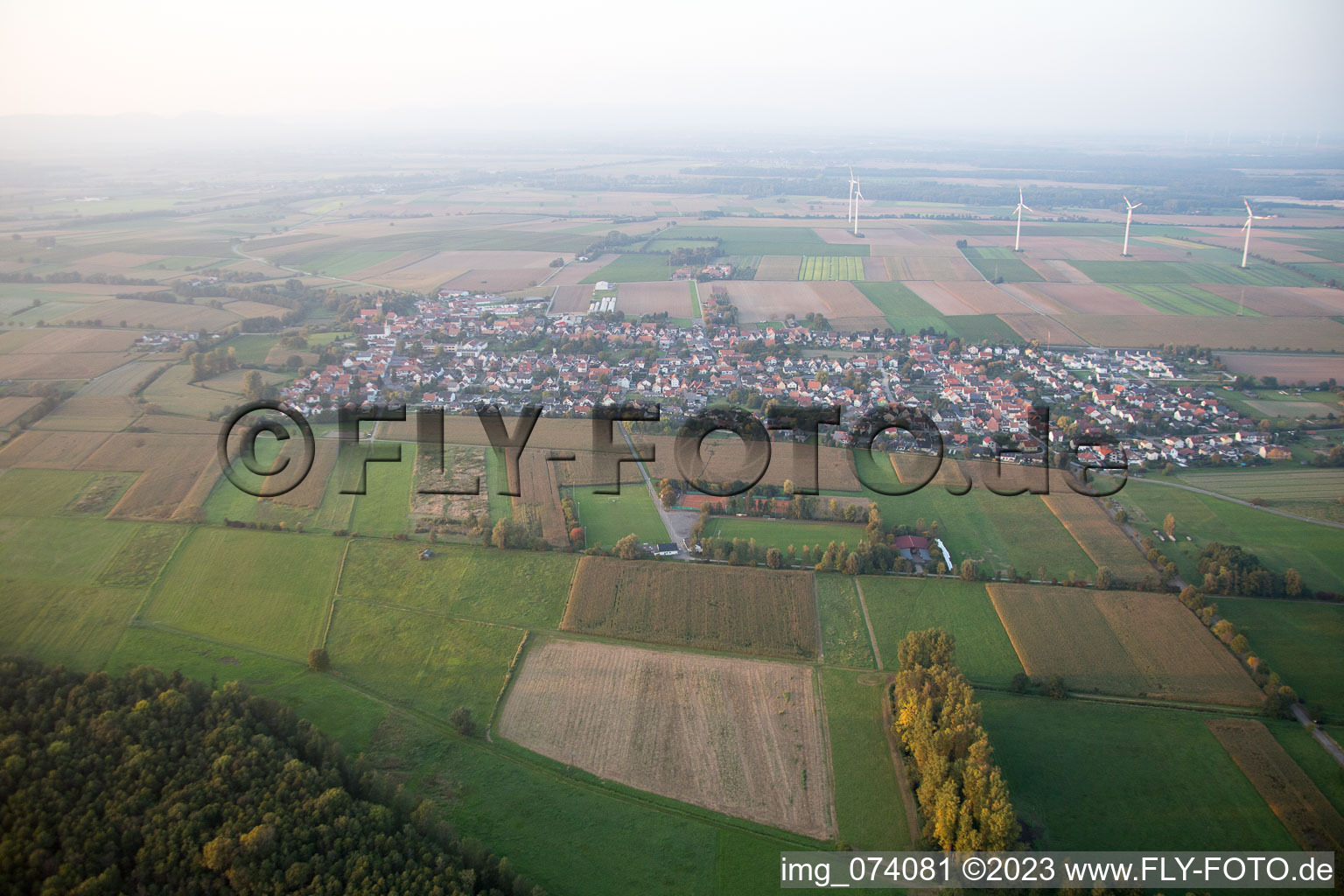 Schrägluftbild von Minfeld im Bundesland Rheinland-Pfalz, Deutschland