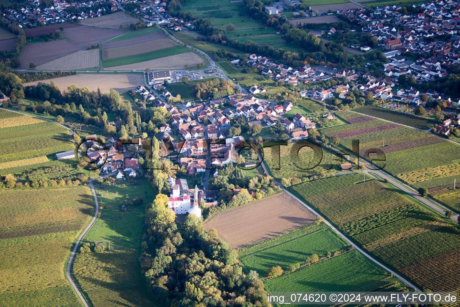 Ortsansicht der Straßen und Häuser der Wohngebiete im Ortsteil Appenhofen in Billigheim-Ingenheim im Bundesland Rheinland-Pfalz, Deutschland