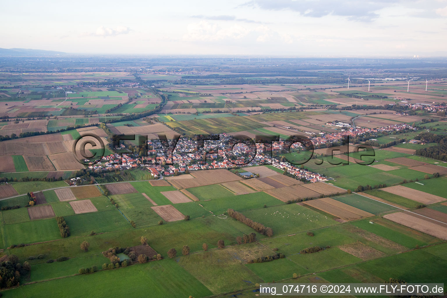 Dorfübersicht zwischen herbstlichen Feldern und Wiesen am Viehstrich von Süden in Freckenfeld im Bundesland Rheinland-Pfalz, Deutschland