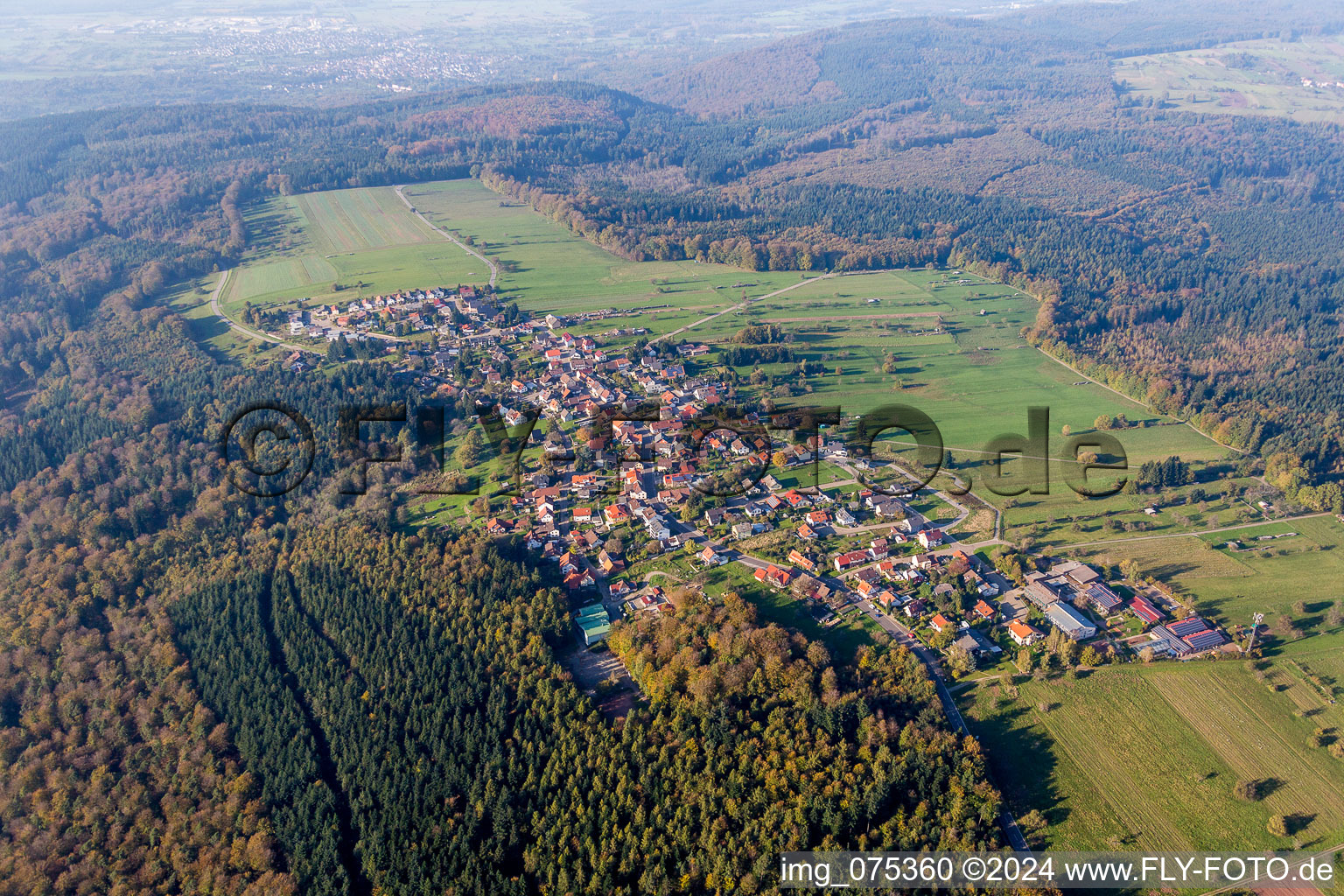 Dorf - Ansicht am Rande von landwirtschaftlichen Feldern und Nutzflächen im Ortsteil Freiolsheim in Gaggenau im Bundesland Baden-Württemberg, Deutschland