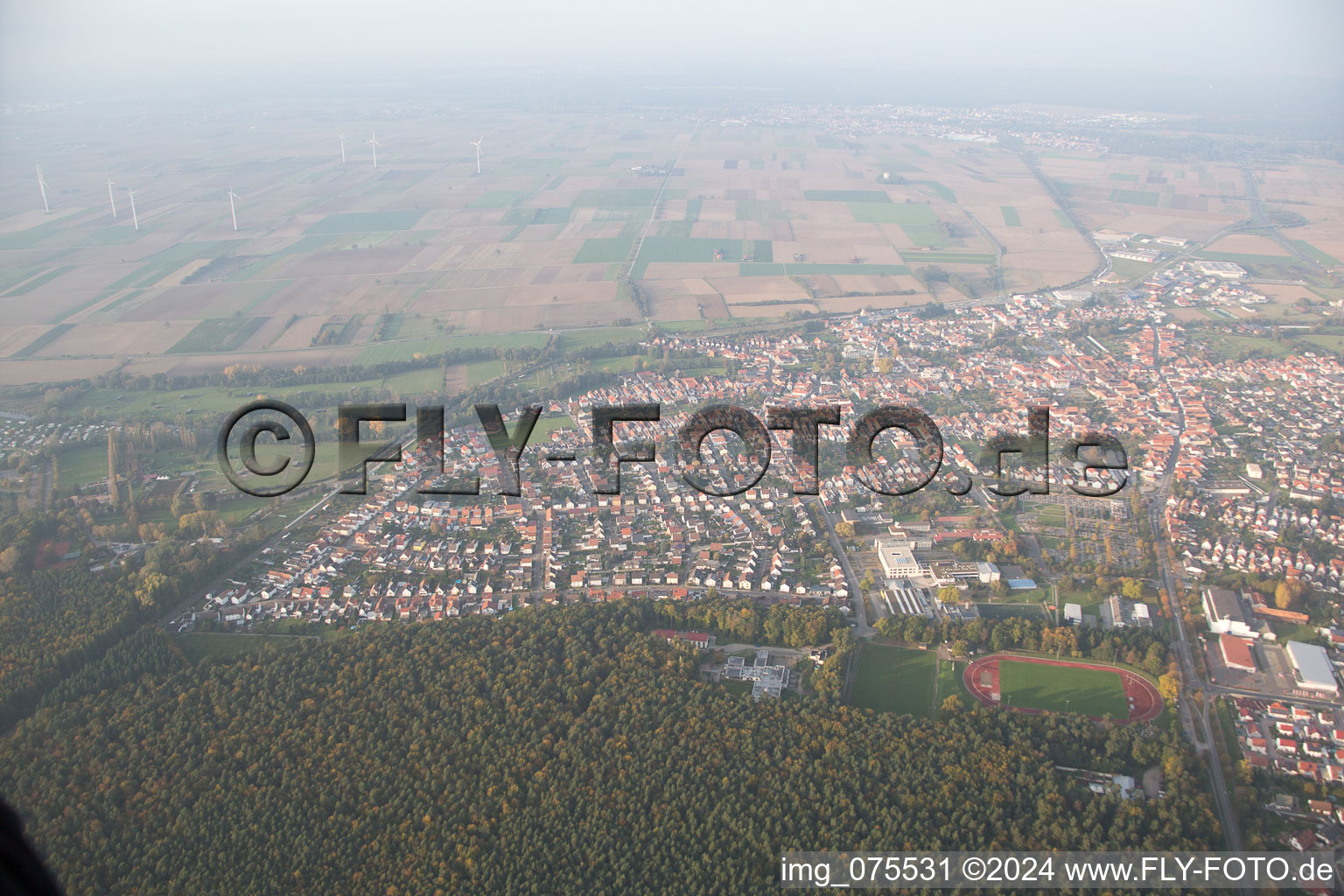 Luftbild von Sportplätze und Helle Eichen am Waldrand in Rülzheim im Bundesland Rheinland-Pfalz, Deutschland