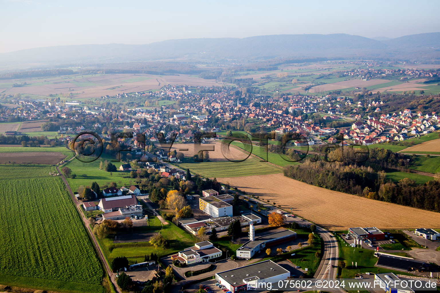 Luftbild von Dorf - Ansicht am Rande von landwirtschaftlichen Feldern und Nutzflächen in Soultz-sous-Forêts in Grand Est im Bundesland Bas-Rhin, Frankreich