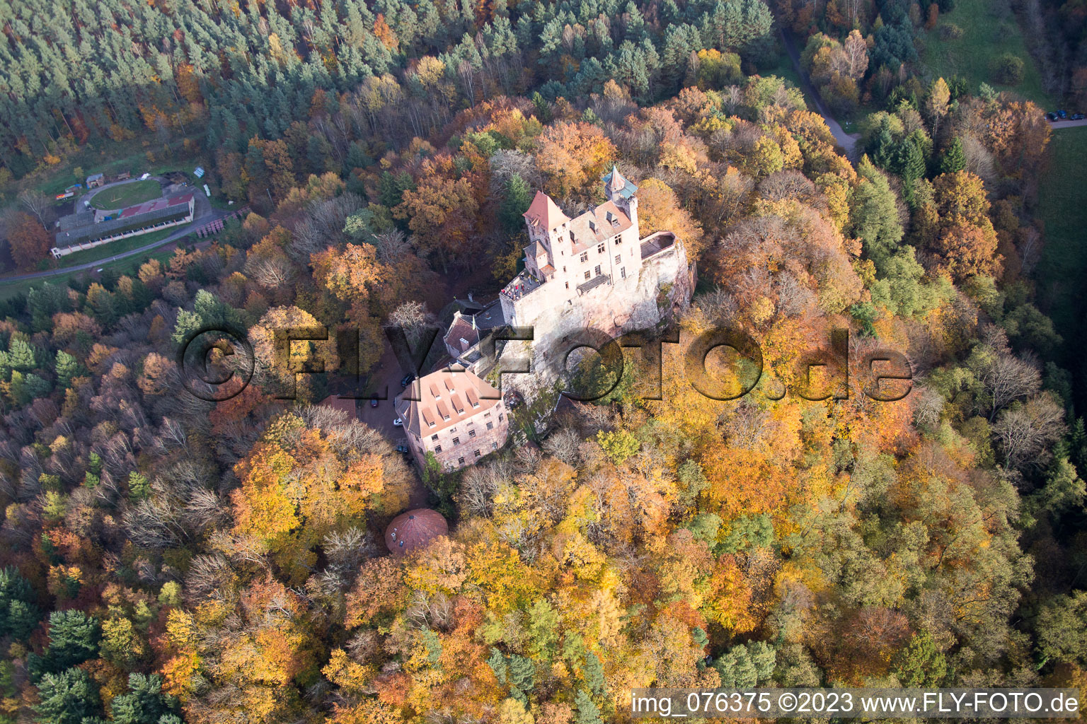 Erlenbach, Burg Berwartstein in Erlenbach bei Dahn im Bundesland Rheinland-Pfalz, Deutschland vom Flugzeug aus