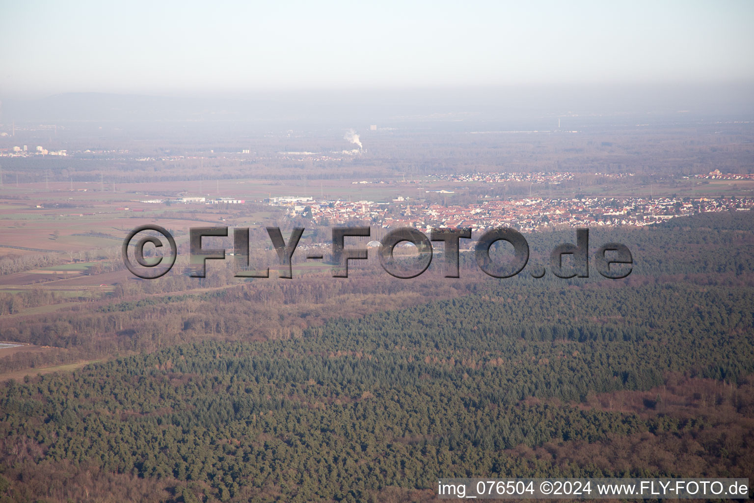 Stadtansicht hinterm Wald in Rülzheim im Bundesland Rheinland-Pfalz, Deutschland