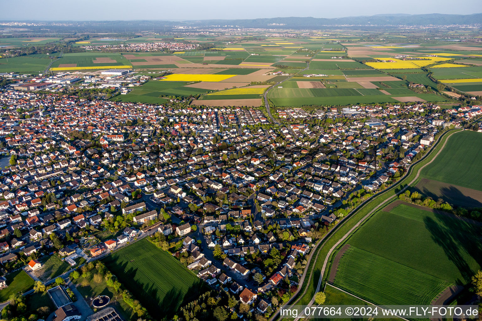 Luftbild von Ortsansicht der Straßen und Häuser der Wohngebiete in Stockstadt am Rhein im Bundesland Hessen, Deutschland