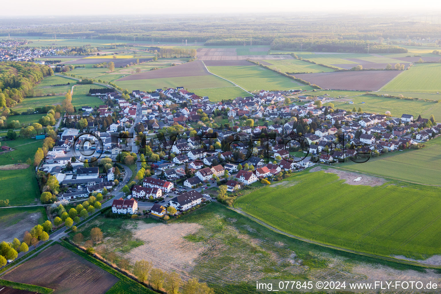 Dorf - Ansicht am Rande von landwirtschaftlichen Feldern und Nutzflächen im Ortsteil Rodau in Zwingenberg im Bundesland Hessen, Deutschland