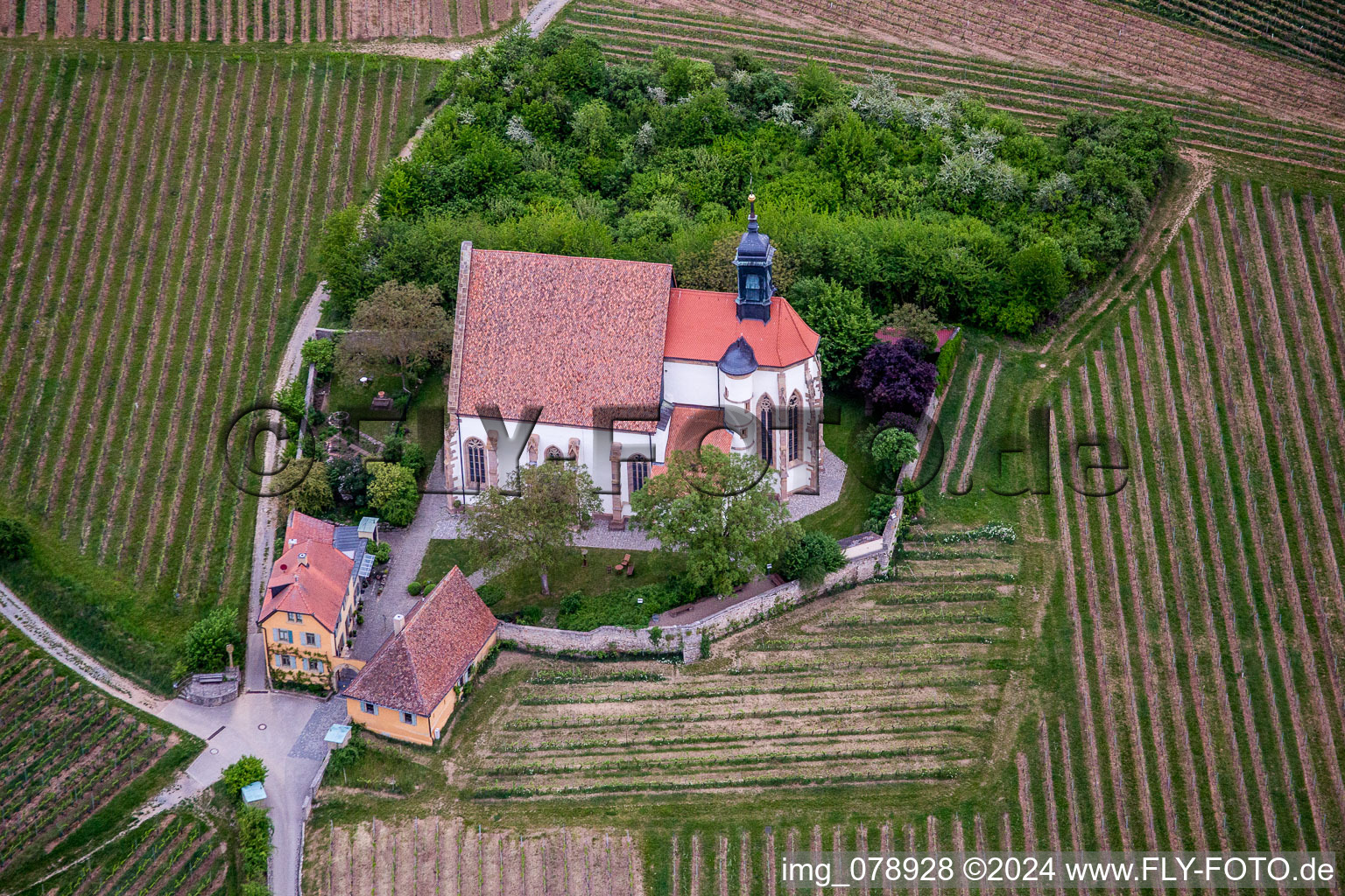 Luftbild von Kirchengebäude der Kapelle Wallfahrtskirche Maria im Weingarten in Volkach im Bundesland Bayern, Deutschland