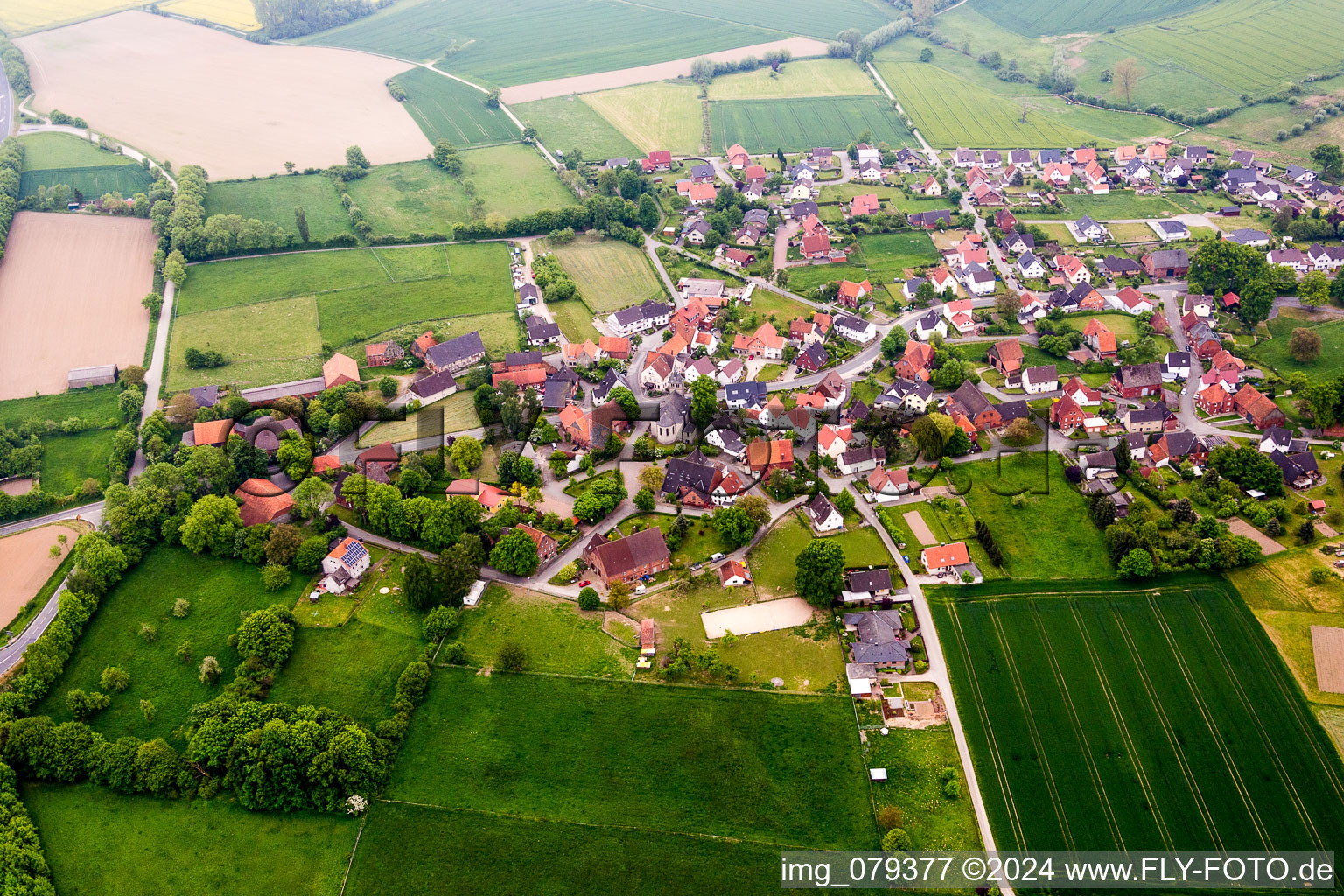 Luftbild von Dorf - Ansicht am Rande von landwirtschaftlichen Feldern und Nutzflächen im Ortsteil Rolfzen in Steinheim im Bundesland Nordrhein-Westfalen, Deutschland