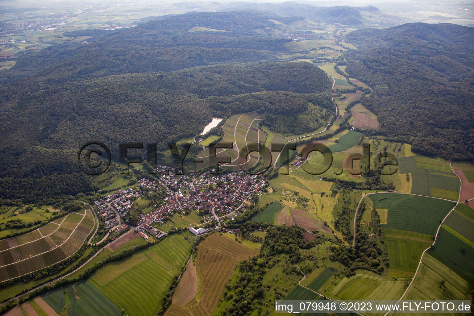 Dorf - Ansicht am Rande von landwirtschaftlichen Feldern und Nutzflächen im Ortsteil Häfnerhaslach in Sachsenheim im Bundesland Baden-Württemberg, Deutschland
