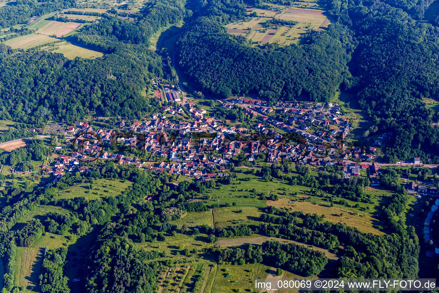 Luftbild von Dorf - Ansicht am Rande von landwirtschaftlichen Feldern und Nutzflächen im Pfälzerwald in Silz im Bundesland Rheinland-Pfalz, Deutschland