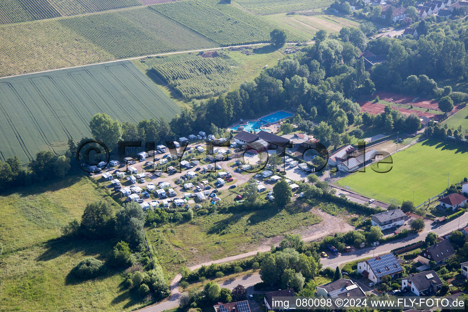 Luftbild von Wohnwagen und Zelte- Campingplatz - und Zeltplatz am Freibad im Ortsteil Ingenheim in Billigheim-Ingenheim im Bundesland Rheinland-Pfalz, Deutschland