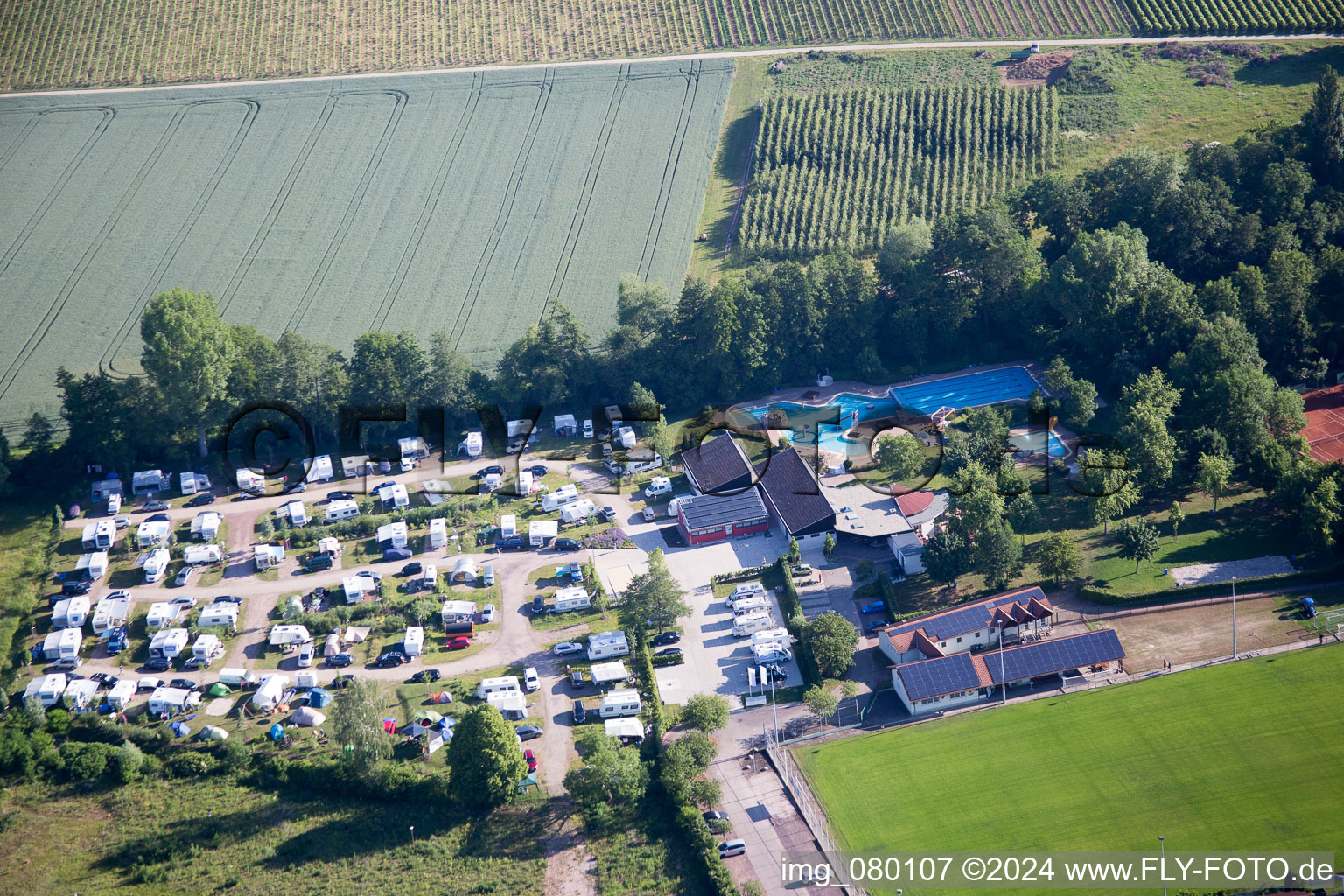 Luftaufnahme von Wohnwagen und Zelte- Campingplatz - und Zeltplatz am Freibad im Ortsteil Ingenheim in Billigheim-Ingenheim im Bundesland Rheinland-Pfalz, Deutschland