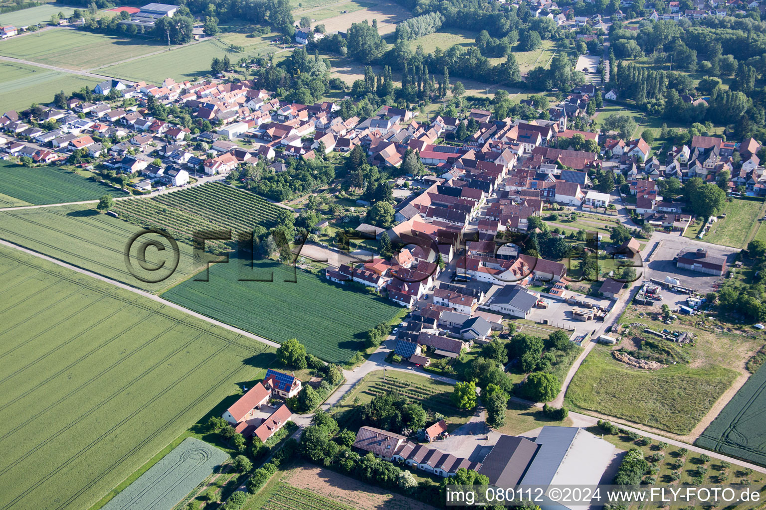 Ortsansicht der Straßen und Häuser der Wohngebiete im Ortsteil Mühlhofen in Billigheim-Ingenheim im Bundesland Rheinland-Pfalz, Deutschland