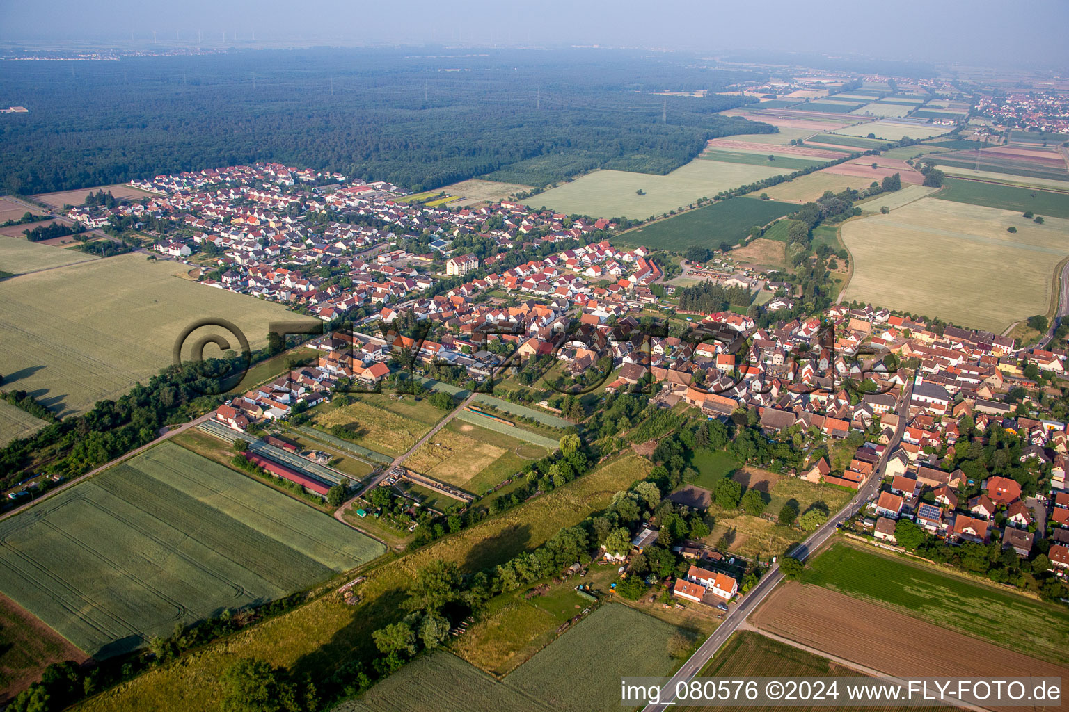 Dorf - Ansicht am Rande von landwirtschaftlichen Feldern und Nutzflächen in Westheim (Pfalz) im Bundesland Rheinland-Pfalz, Deutschland