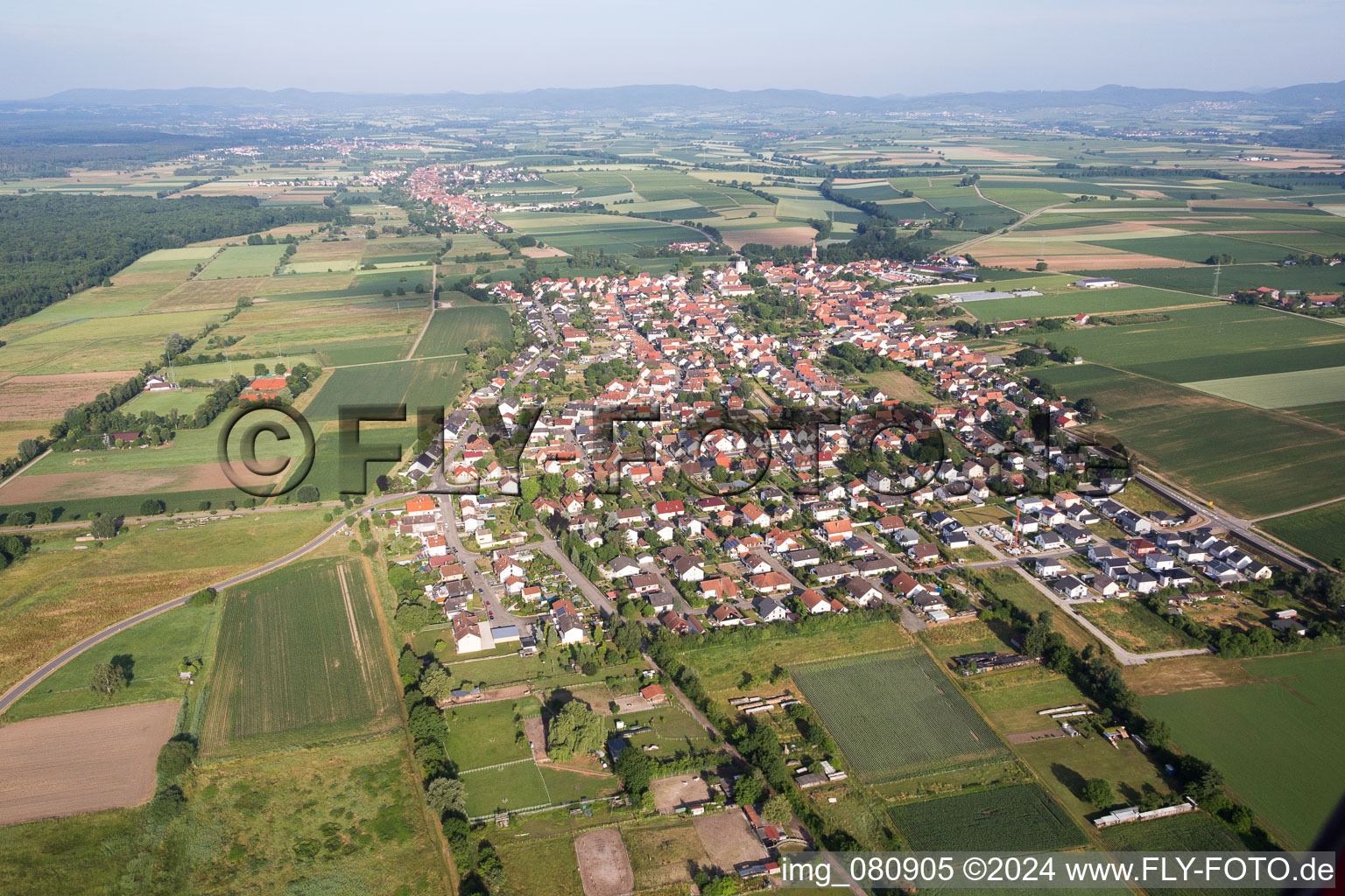 Ortsansicht der Straßen und Häuser der Wohngebiete in Minfeld im Bundesland Rheinland-Pfalz, Deutschland