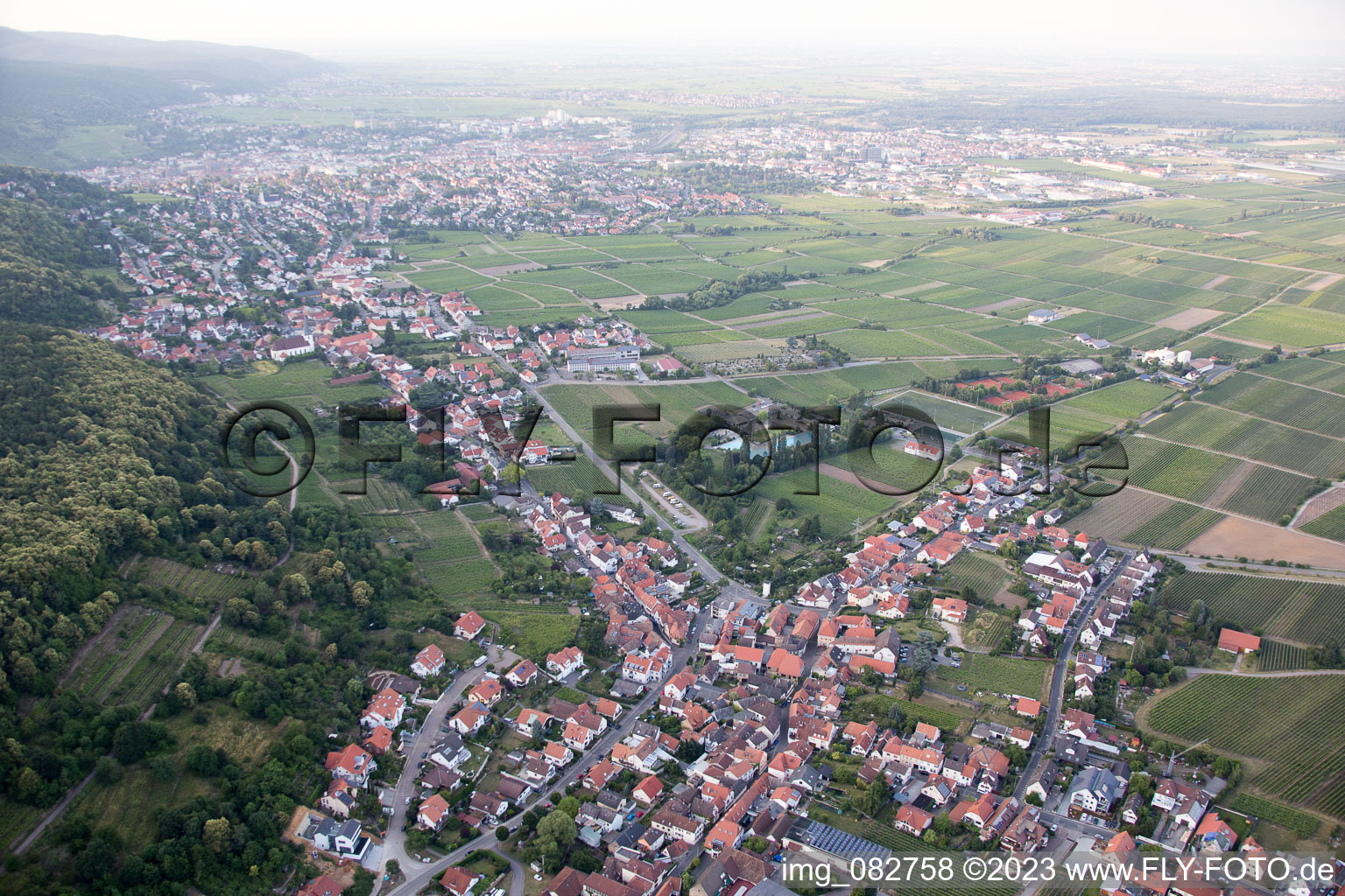 Winzerdorf am Haardtrand aus Südwesten im Ortsteil Hambach an der Weinstraße in Neustadt an der Weinstraße im Bundesland Rheinland-Pfalz, Deutschland