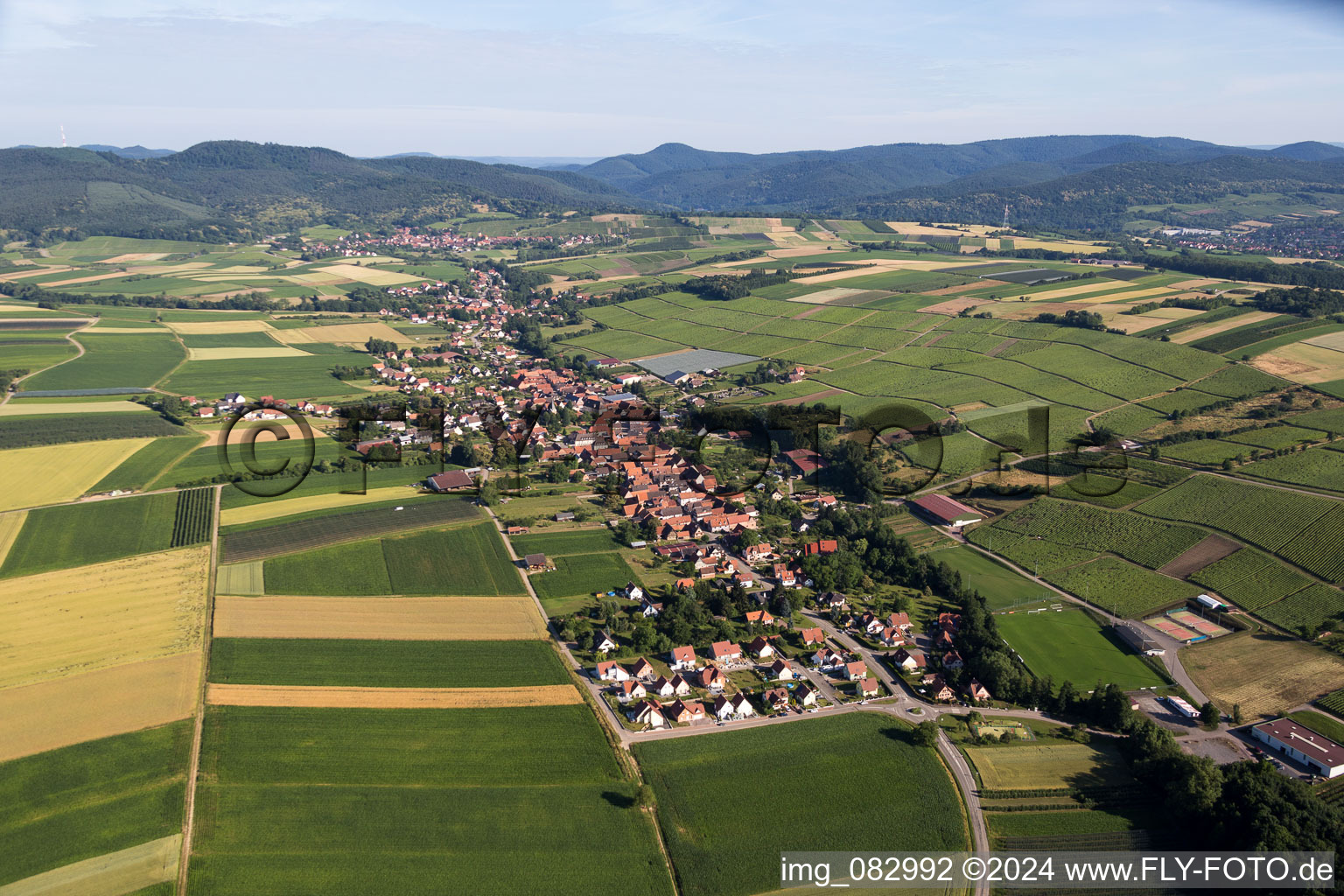 Dorf - Ansicht am Rande von landwirtschaftlichen Feldern und Nutzflächen in Steinseltz in Grand Est im Bundesland Bas-Rhin, Frankreich