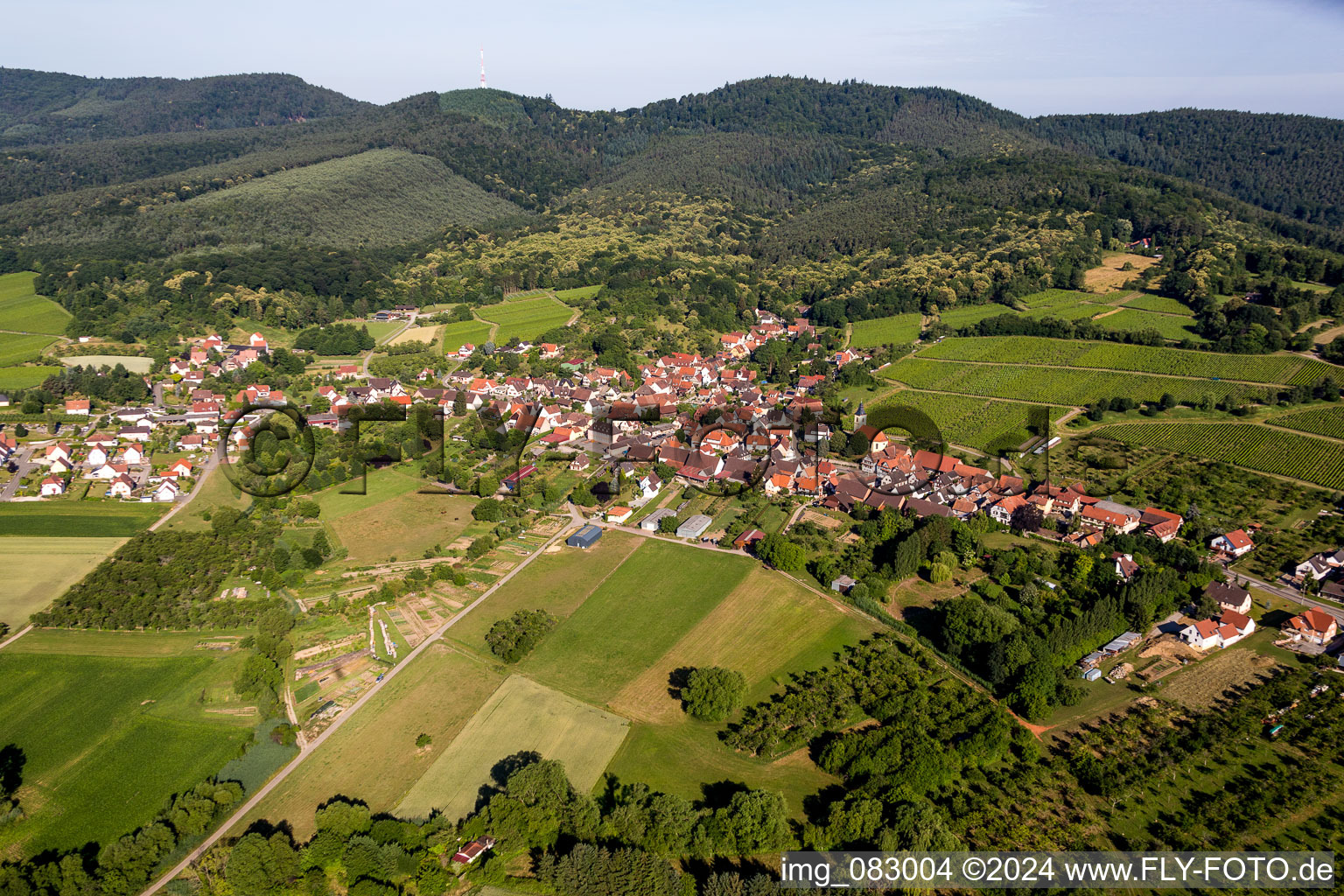 Dorf - Ansicht am Rande von landwirtschaftlichen Feldern und Nutzflächen in Rott in Grand Est im Bundesland Bas-Rhin, Frankreich