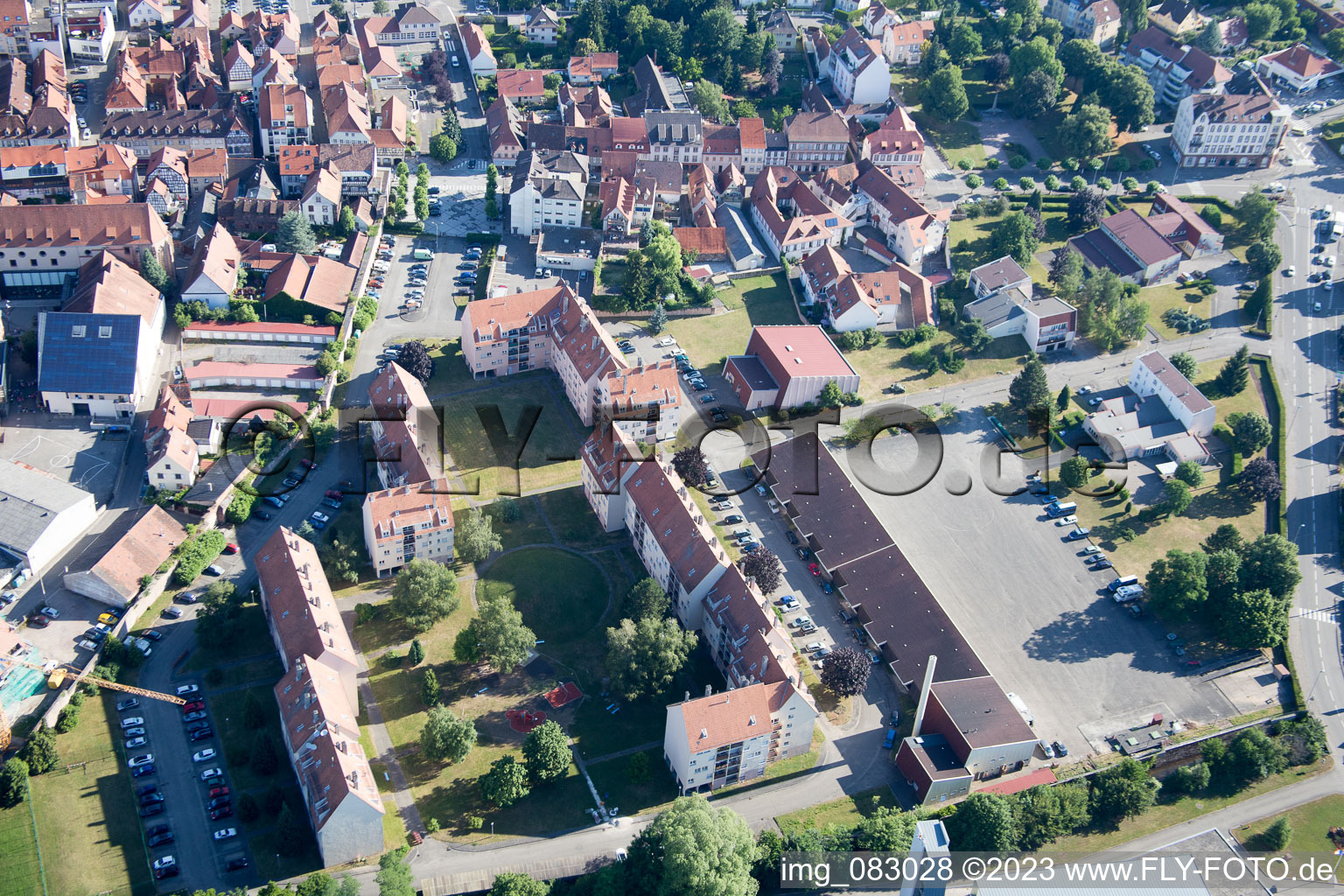 Luftaufnahme von Wissembourg im Bundesland Bas-Rhin, Frankreich