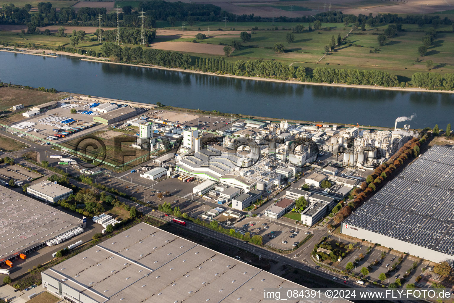 Luftbild von Gebäude und Produktionsanlagen auf dem Werksgelände des Chemieproduzenten Grace GmbH am Rheinufer in Worms im Bundesland Rheinland-Pfalz, Deutschland