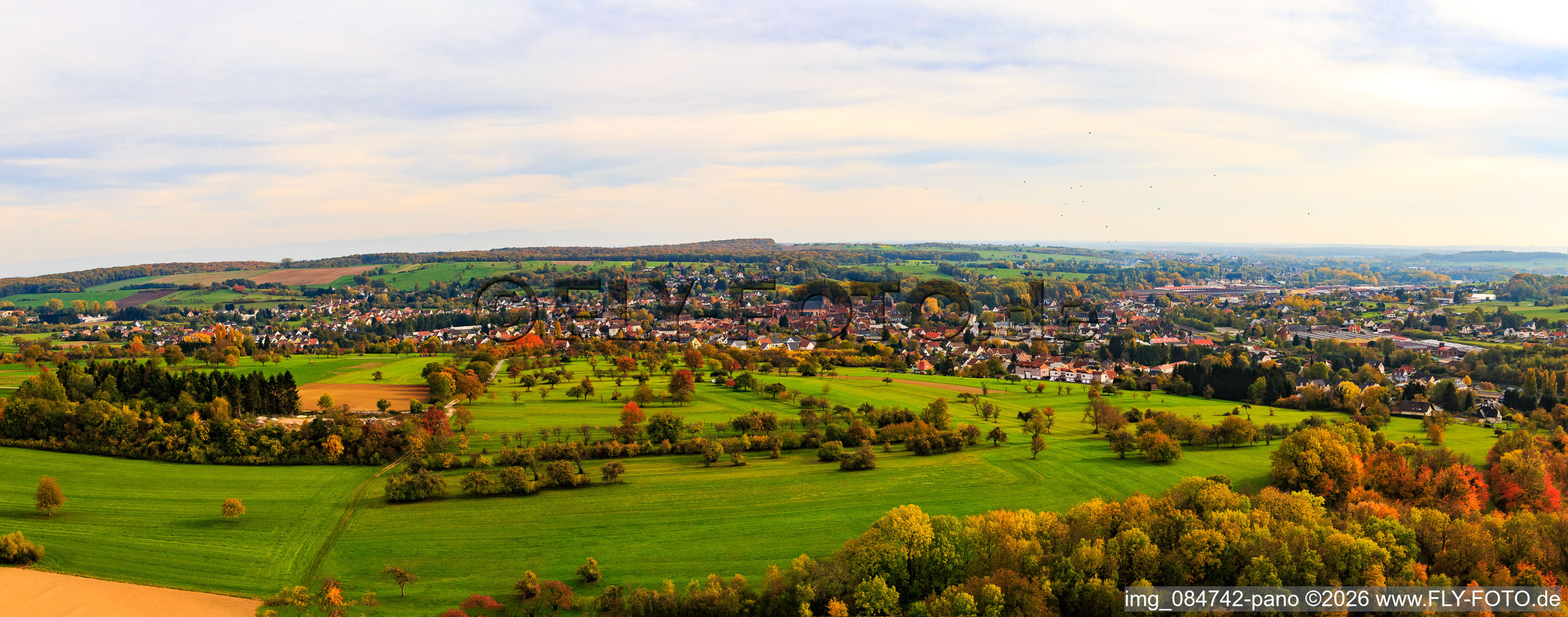 Panorame hinter Streuobstwiesen aus Westen in Niederbronn-les-Bains im Bundesland Bas-Rhin, Frankreich