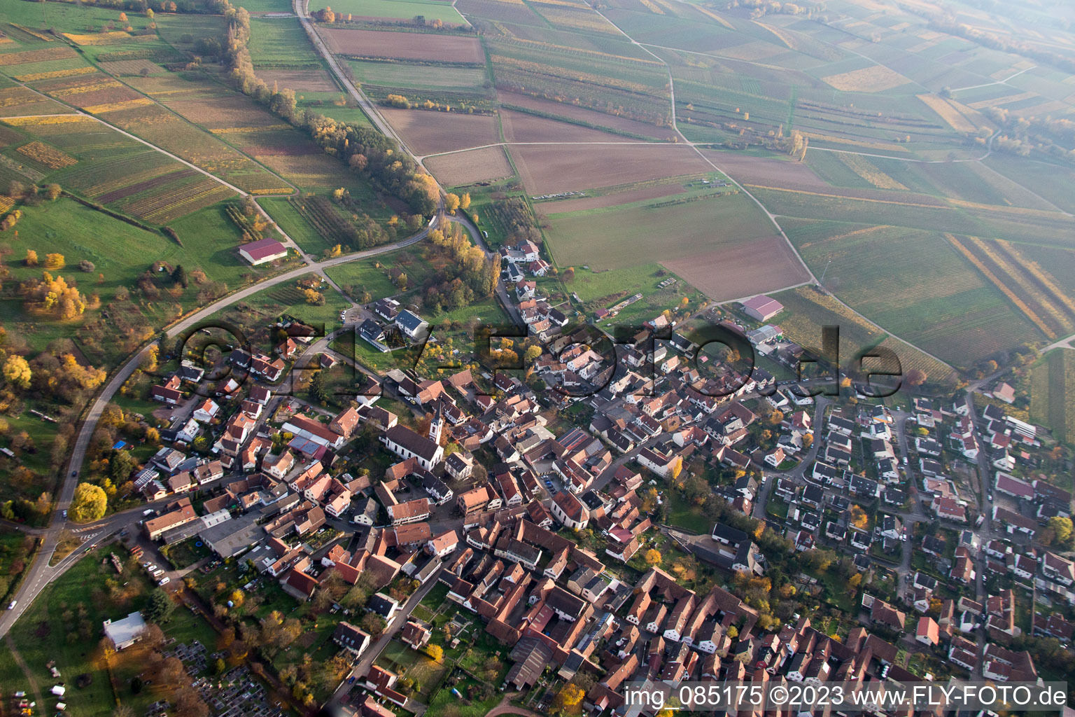 Schrägluftbild von Göcklingen im Bundesland Rheinland-Pfalz, Deutschland