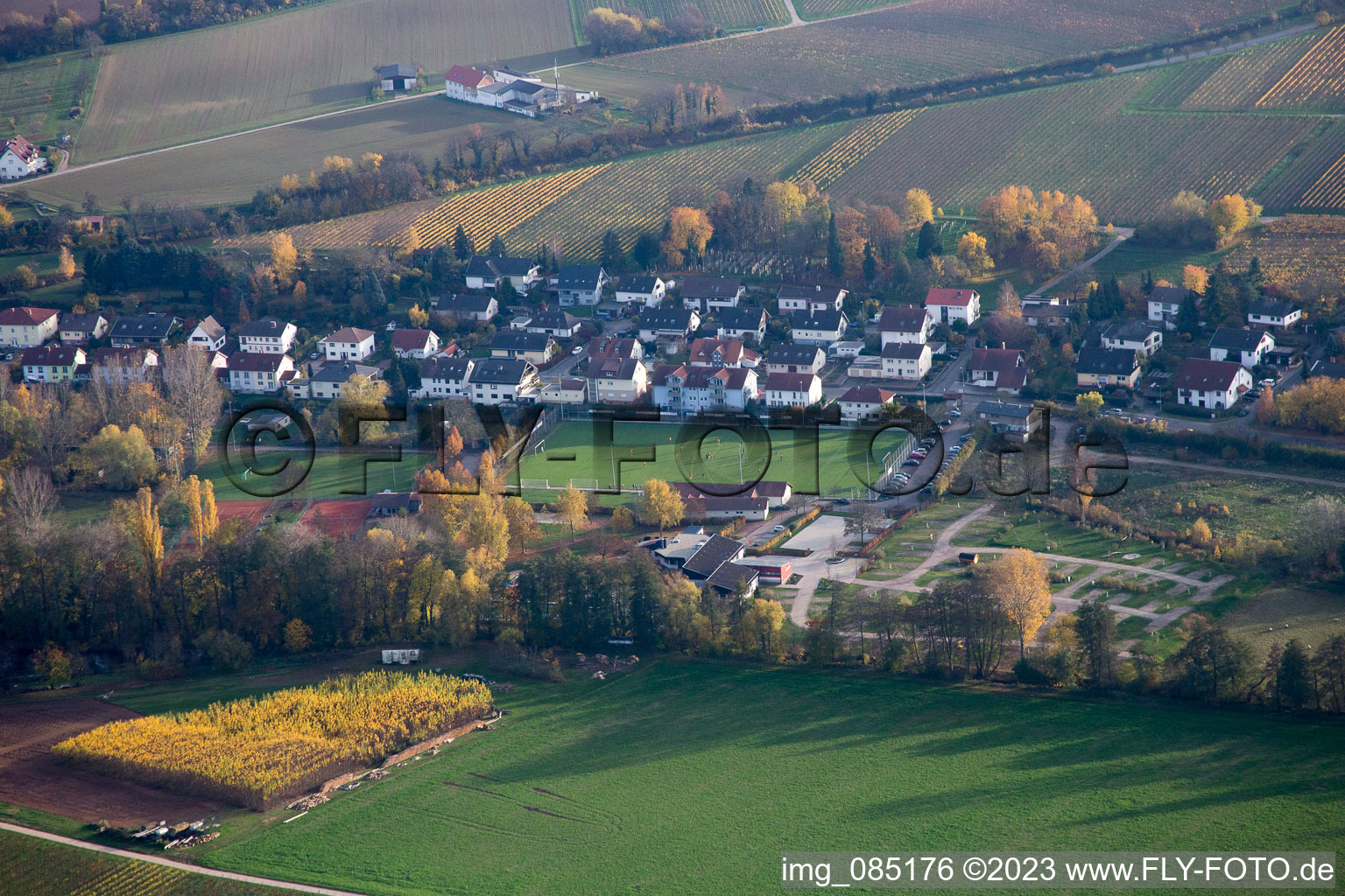Luftaufnahme von Sportplätze im Ortsteil Ingenheim in Billigheim-Ingenheim im Bundesland Rheinland-Pfalz, Deutschland