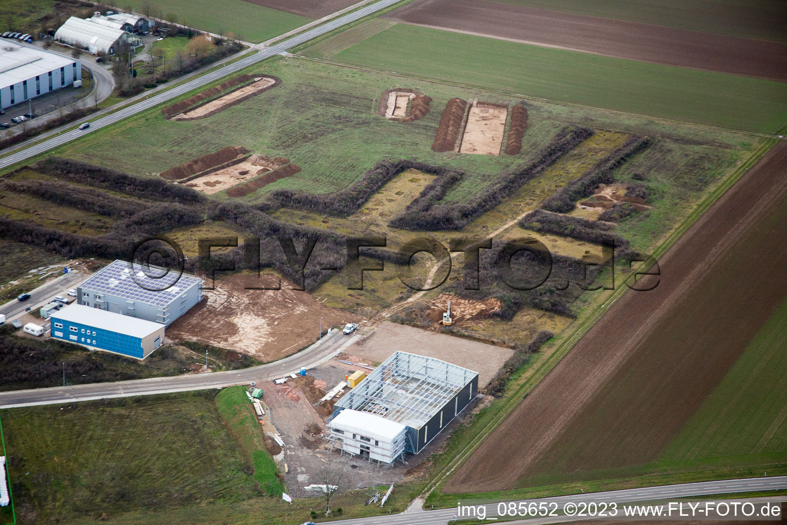 Luftbild von Herxheim, Ausgrabungen Industriegebiet West in Herxheim bei Landau/Pfalz im Bundesland Rheinland-Pfalz, Deutschland