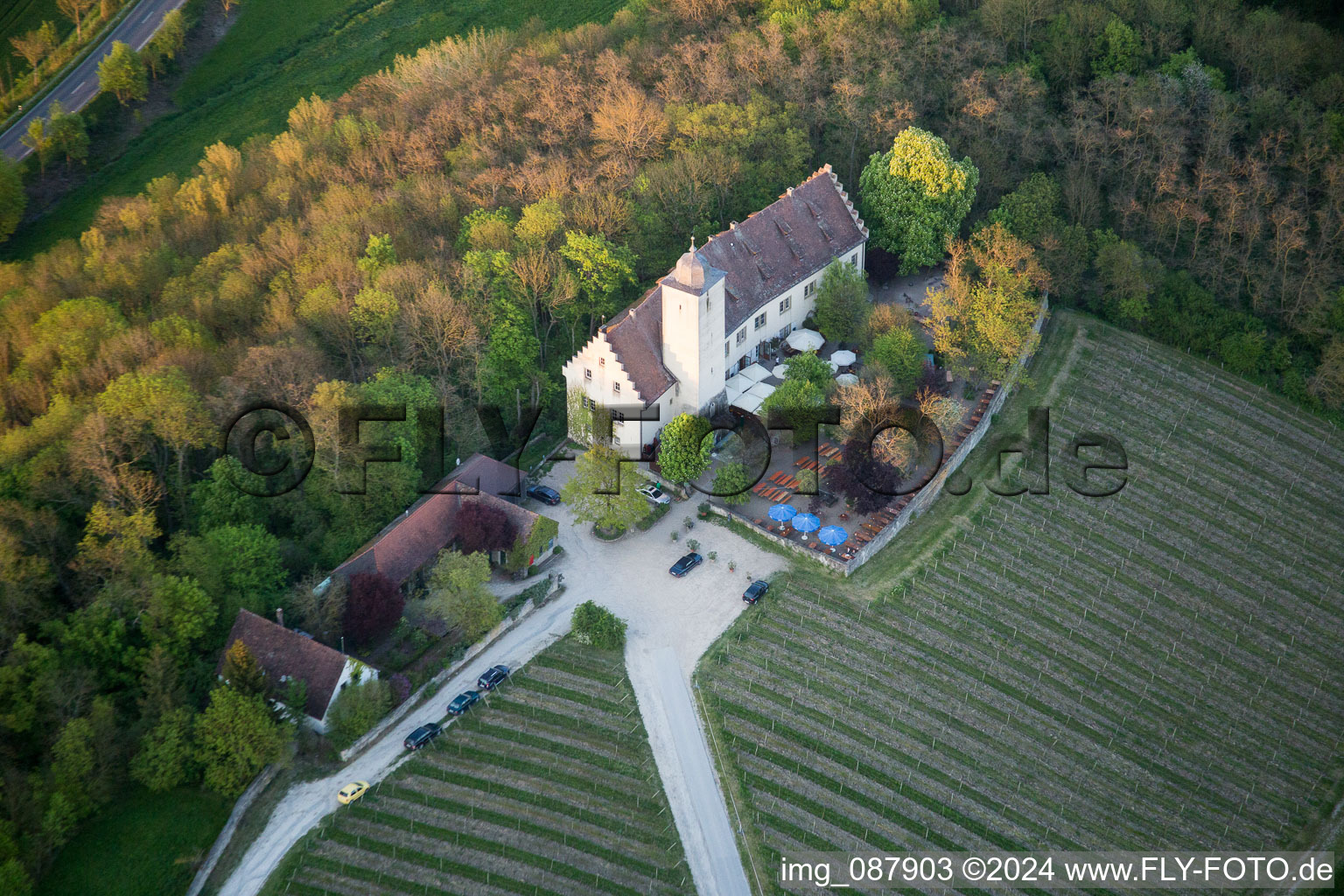 Luftbild von Burganlage des Schloß Hallburg Vinothek mit Weinbergen in Volkach im Bundesland Bayern, Deutschland