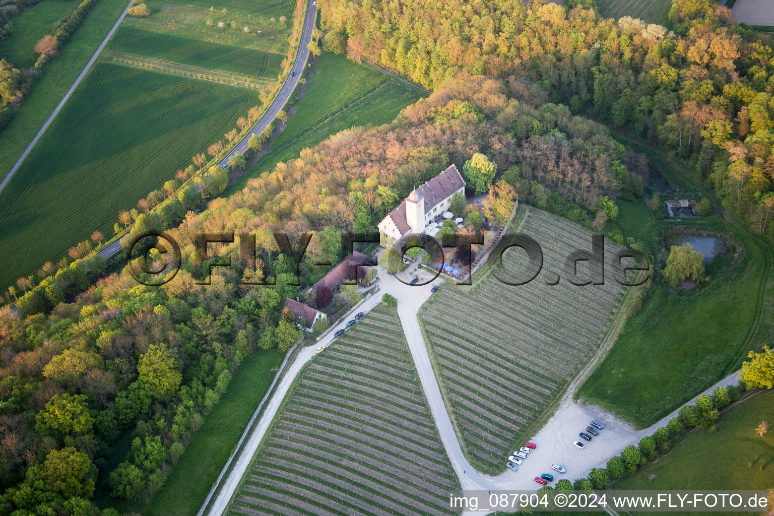 Luftaufnahme von Burganlage des Schloß Hallburg Vinothek mit Weinbergen in Volkach im Bundesland Bayern, Deutschland