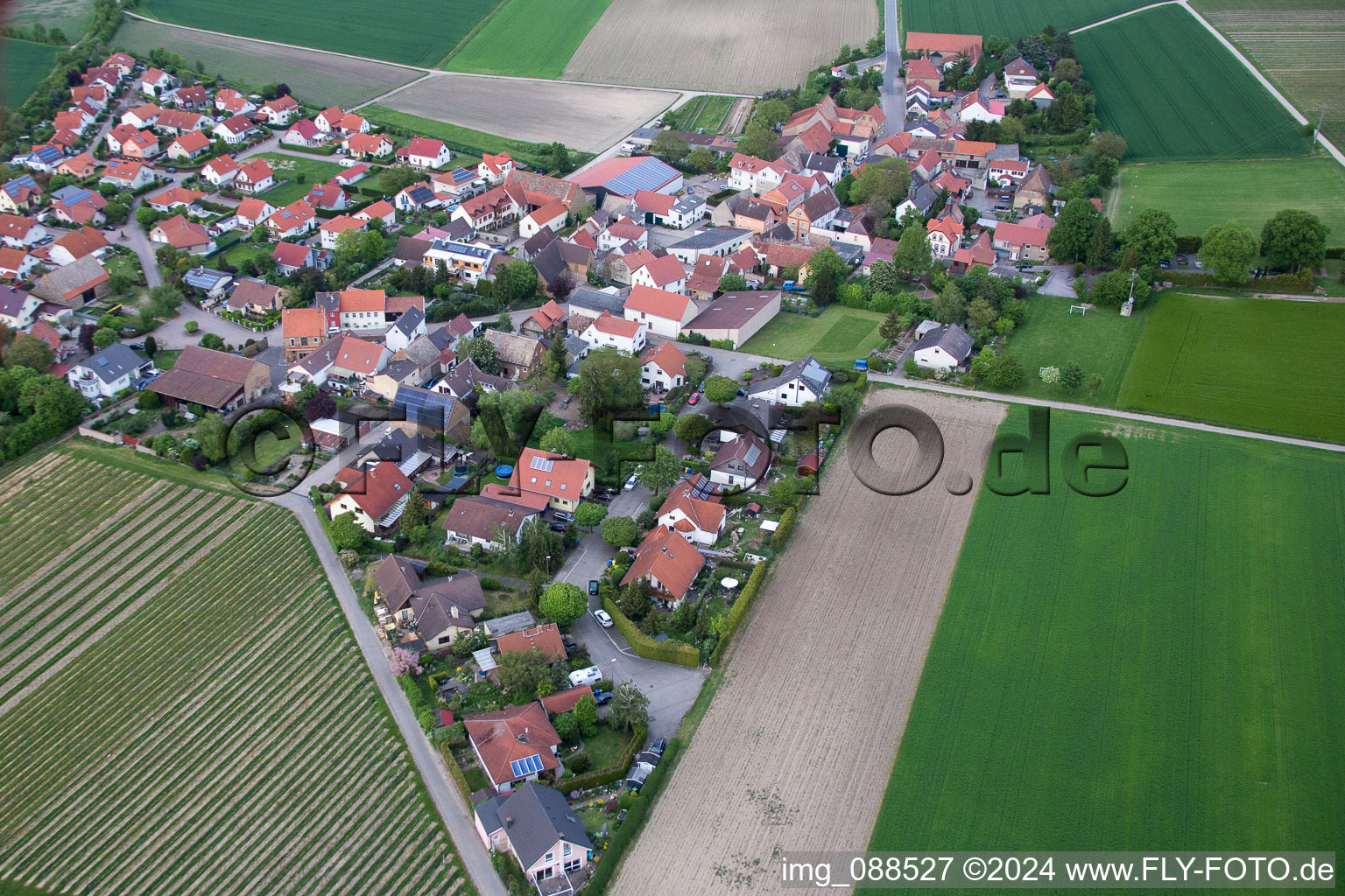 Luftbild von Dorf - Ansicht am Rande von landwirtschaftlichen Feldern und Nutzflächen in Frettenheim im Bundesland Rheinland-Pfalz, Deutschland