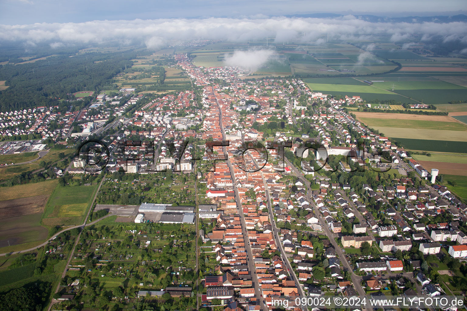 Luftbild von Ortsansicht der langen Rhein-, Haupt und Saarstraße durch Kandel im Bundesland Rheinland-Pfalz, Deutschland