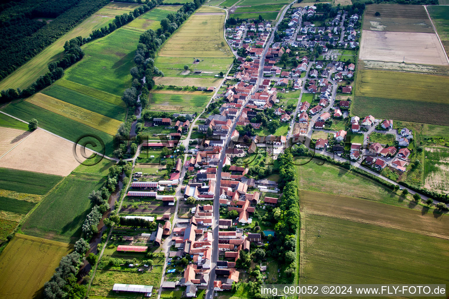 Dorf - Ansicht am Rande von landwirtschaftlichen Feldern und Nutzflächen in Herxheimweyher im Bundesland Rheinland-Pfalz, Deutschland
