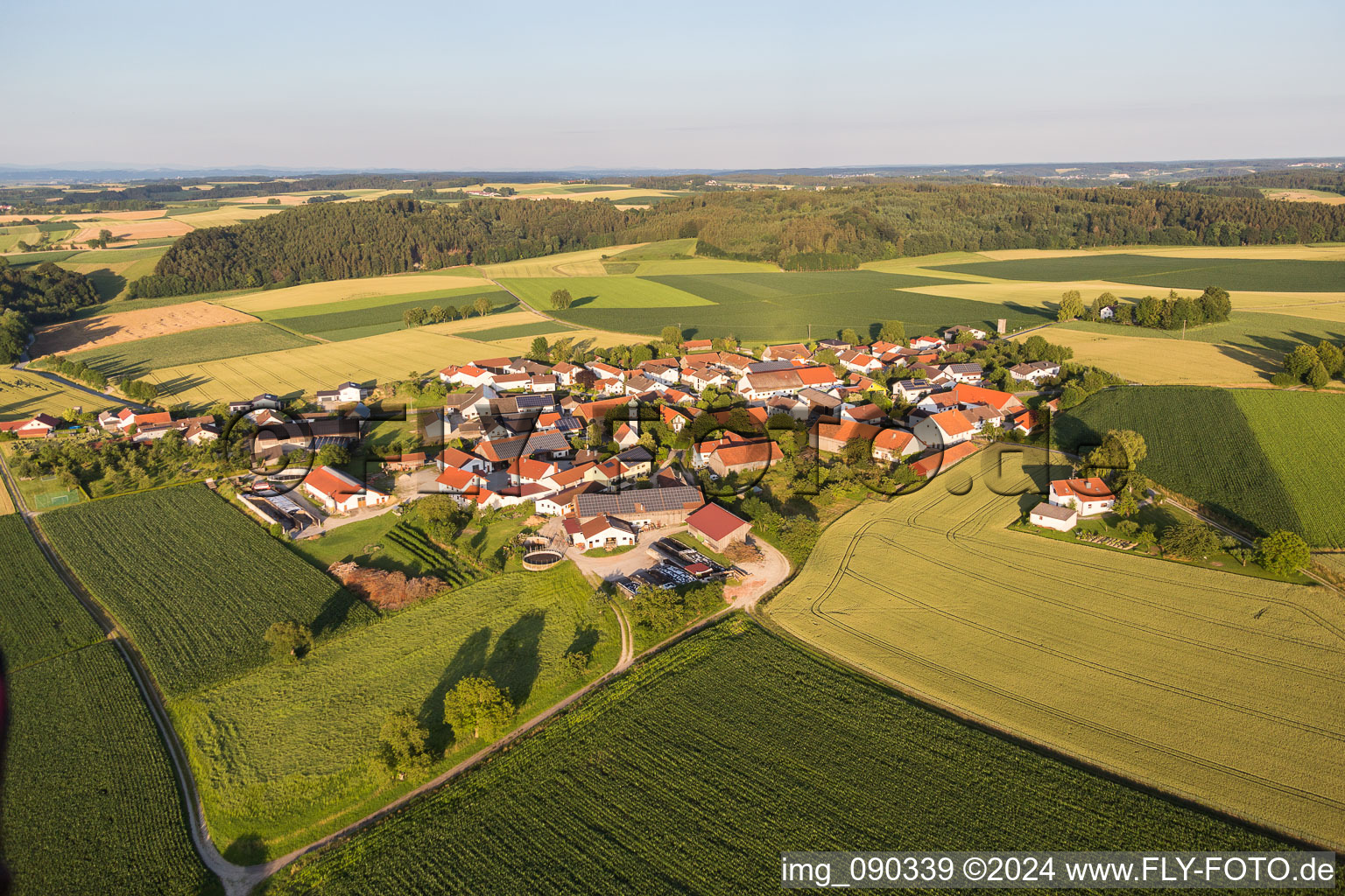 Dorf - Ansicht am Rande von landwirtschaftlichen Feldern und Nutzflächen im Ortsteil Oberframmering in Landau an der Isar im Bundesland Bayern, Deutschland