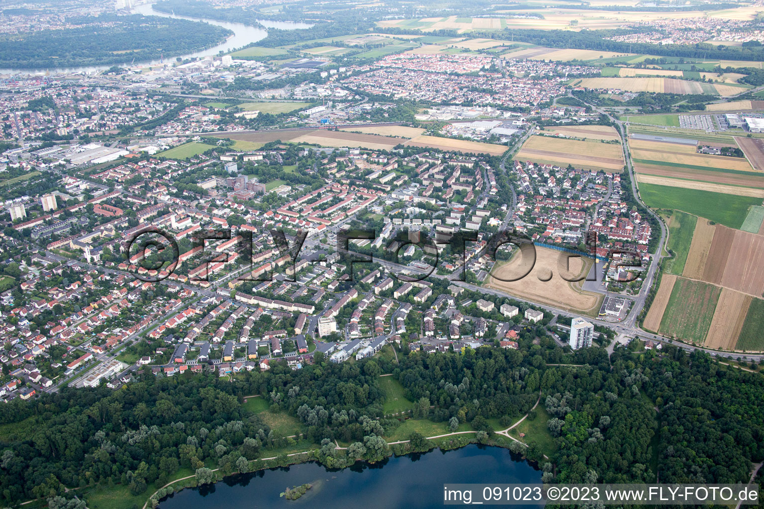 Ortsteil Gartenstadt in Ludwigshafen am Rhein im Bundesland Rheinland-Pfalz, Deutschland von oben