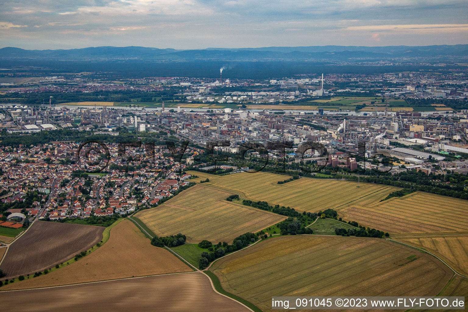 Ortsteil Oppau in Ludwigshafen am Rhein im Bundesland Rheinland-Pfalz, Deutschland aus der Luft