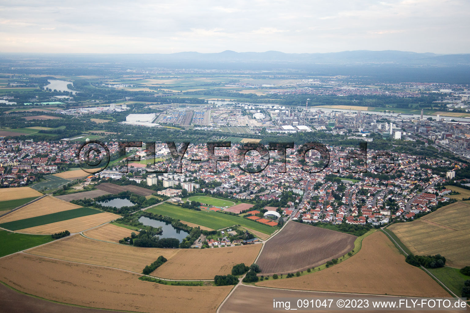 Ortsteil Oppau in Ludwigshafen am Rhein im Bundesland Rheinland-Pfalz, Deutschland vom Flugzeug aus