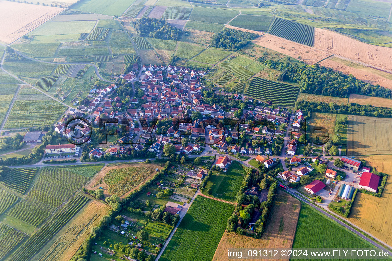 Dorf - Ansicht am Rande von landwirtschaftlichen Feldern und Nutzflächen im Ortsteil Rommersheim in Wörrstadt im Bundesland Rheinland-Pfalz, Deutschland