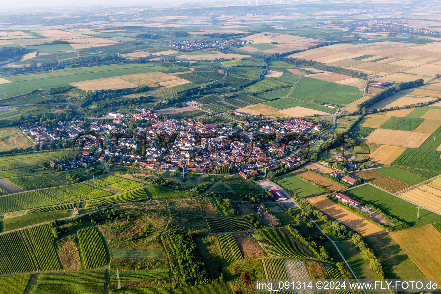 Dorf - Ansicht am Rande von landwirtschaftlichen Feldern und Nutzflächen in Wörrstadt im Bundesland Rheinland-Pfalz, Deutschland