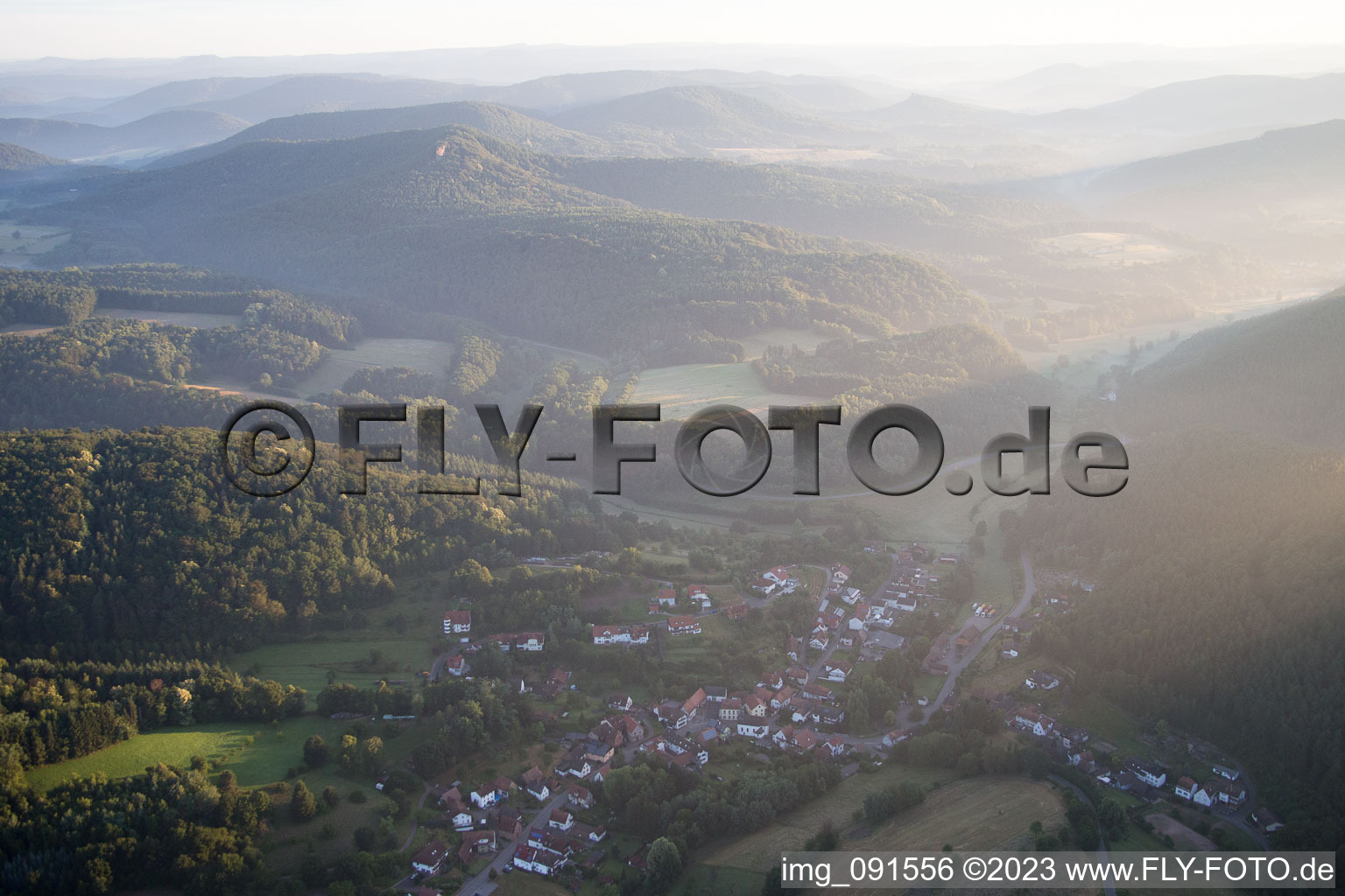 Erlenbach bei Dahn im Bundesland Rheinland-Pfalz, Deutschland aus der Vogelperspektive