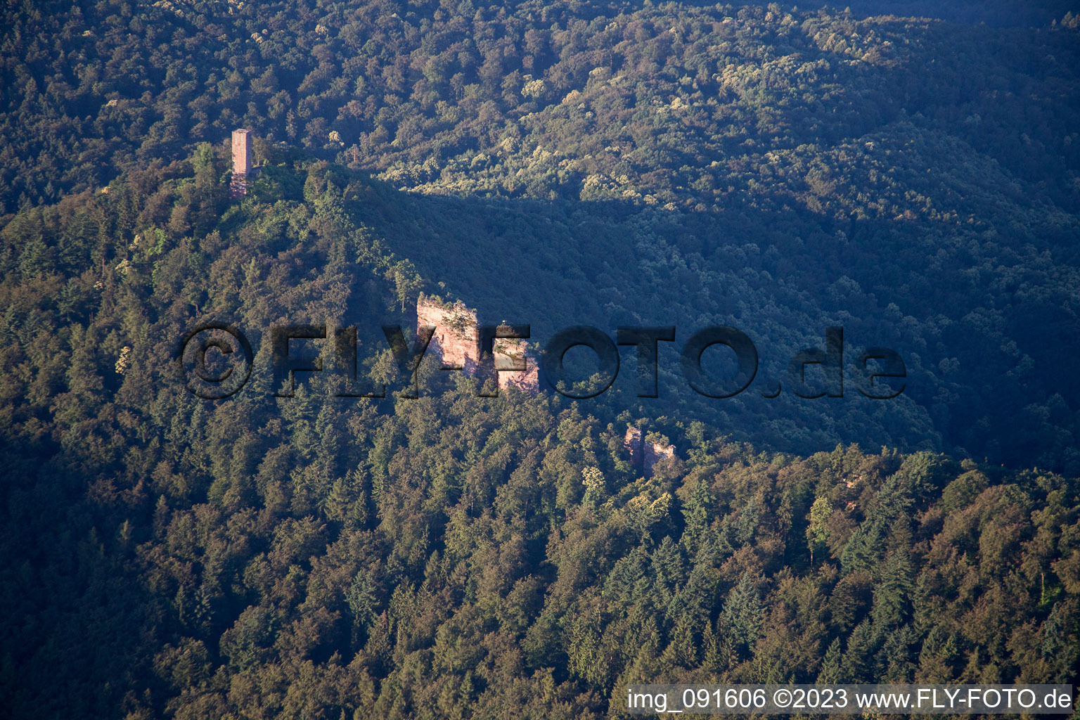 Burg Trifels in Annweiler am Trifels im Bundesland Rheinland-Pfalz, Deutschland aus der Luft