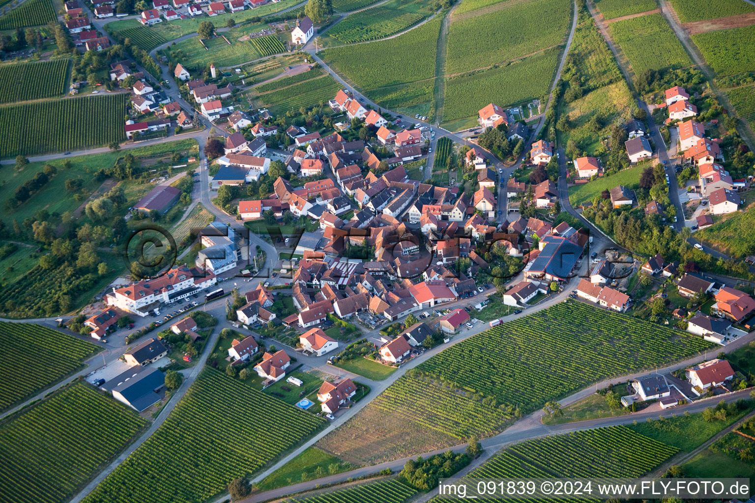 Dorf - Ansicht am Rande von landwirtschaftlichen Feldern und Nutzflächen in Gleiszellen-Gleishorbach im Bundesland Rheinland-Pfalz, Deutschland